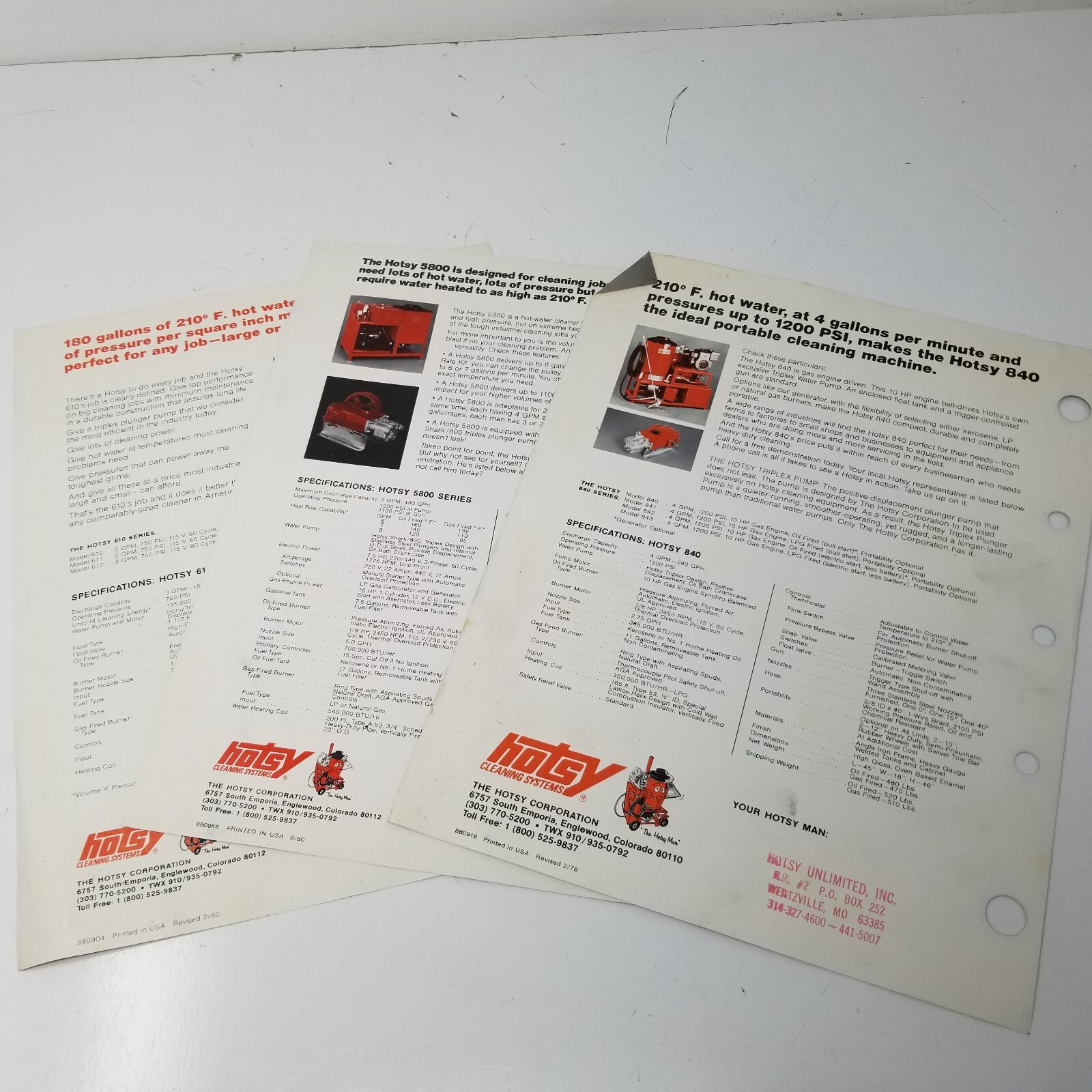 Hotsy Hotsys Pressure Washers 5800 640 610 Sales Brochures Set of 3