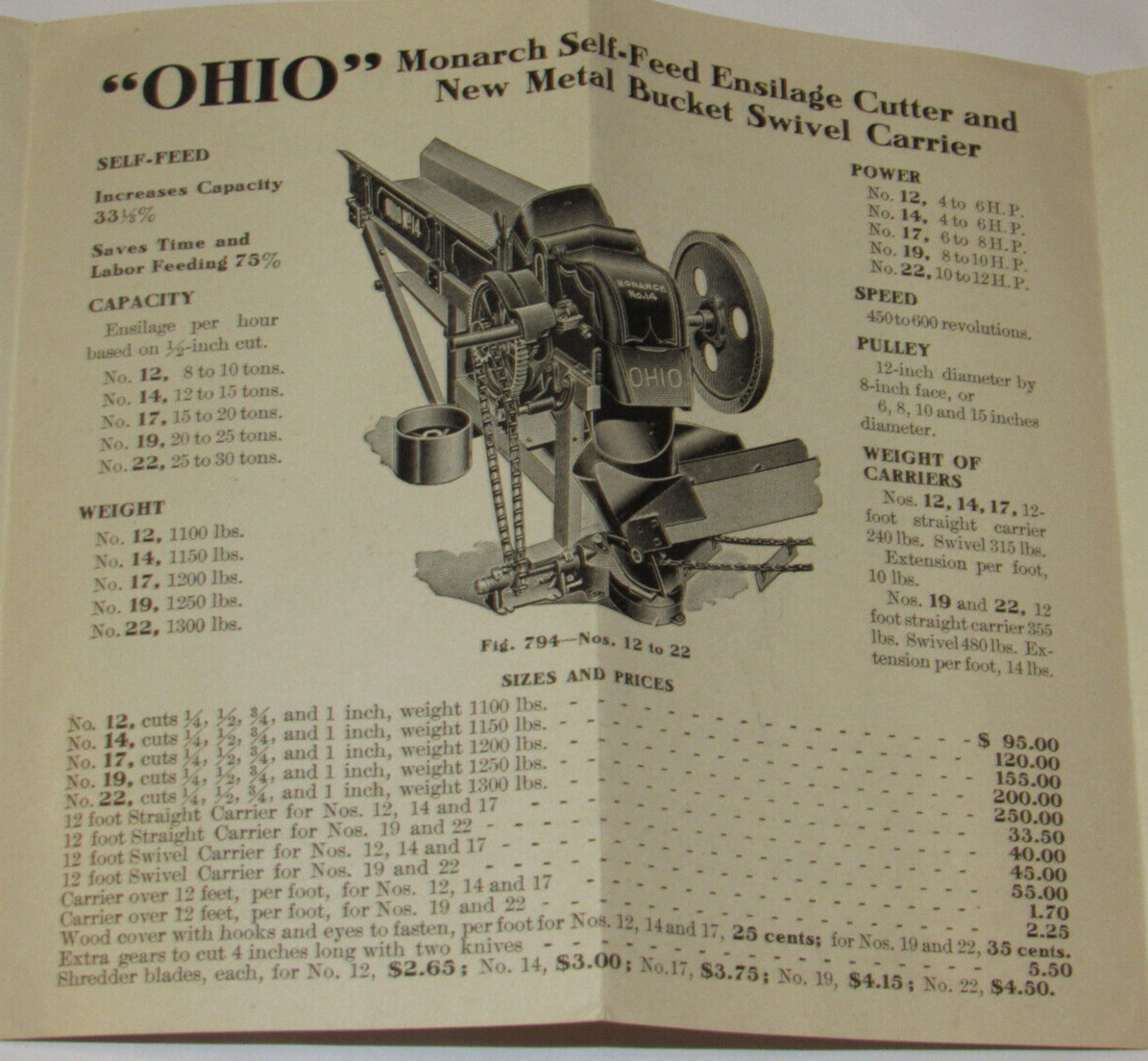 1909 OHIO FEED & ENSILAGE CUTTERS, FODDER SHREDDERS, BLOWER & ELEVATORS BROCHURE