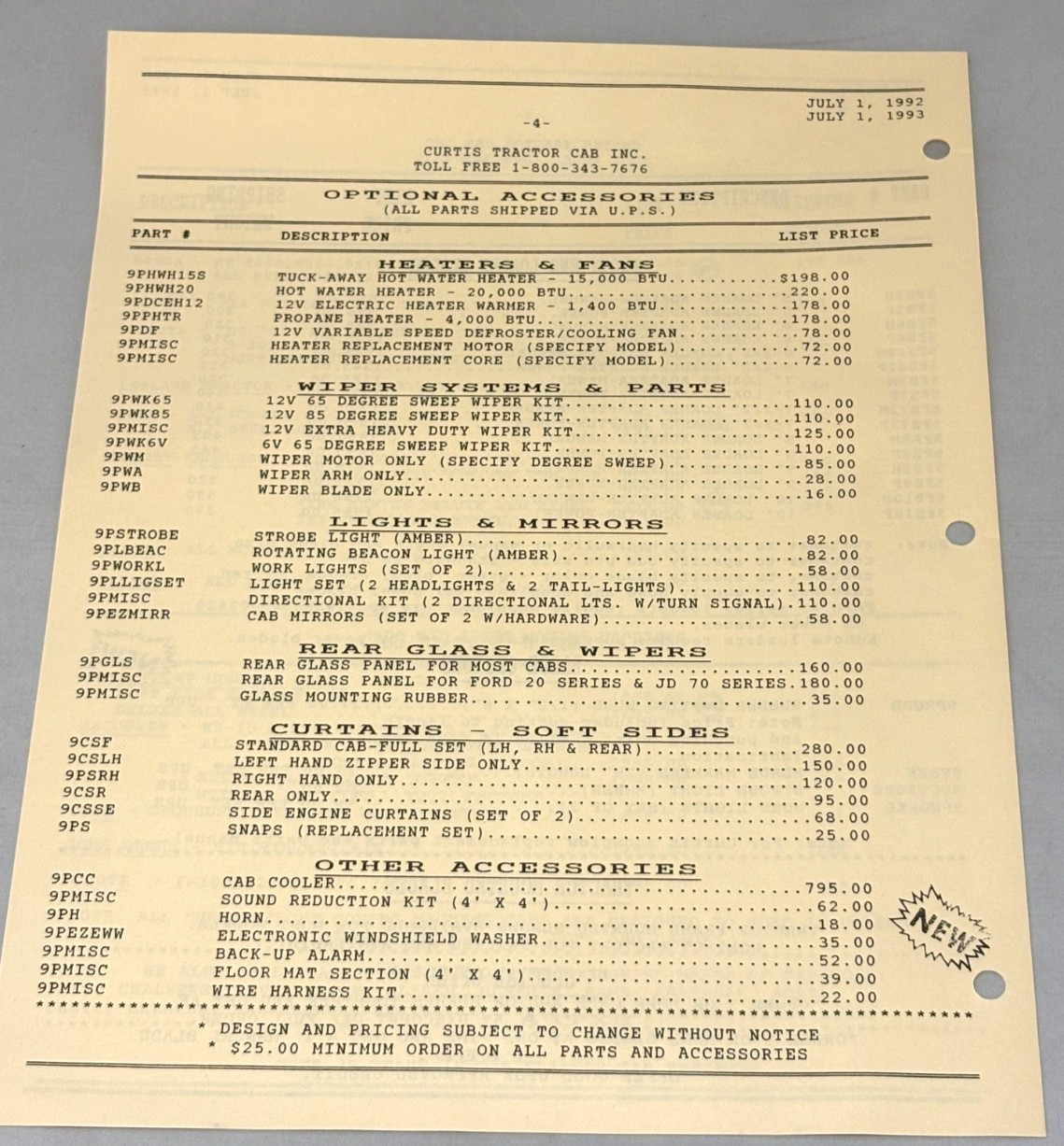 Curtis Tractor Cab Dealer Brochure Lot 1992 1993 Price List Accessories Catalog