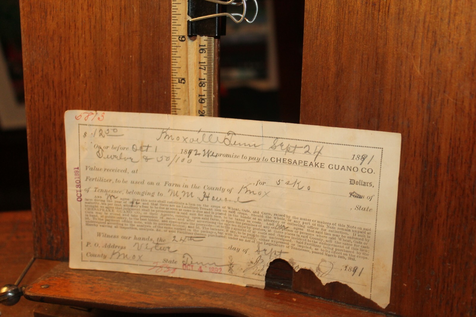 Antique Signed Receipt 1891 Chesapeake Guano Company