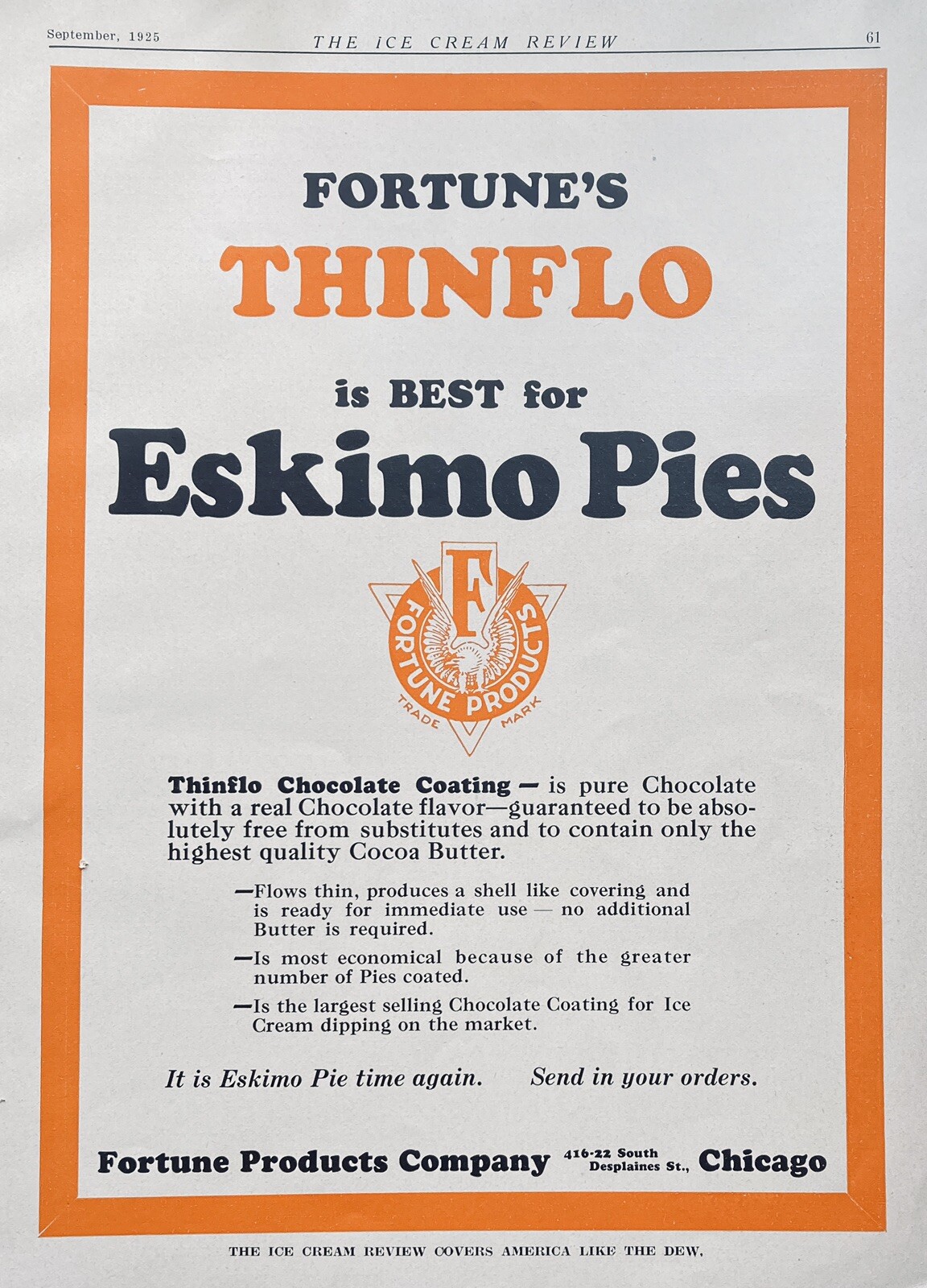1925 AD.(XF12)~FORTUNE PRODUCTS CO. CHICAGO. CHOCOLATE COATING FOR ESKIMO PIES