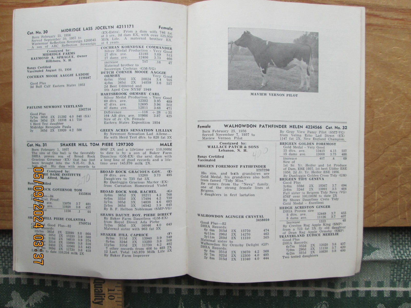Catalog of New Hampshire consignment sale of registered holstein cattle 1958