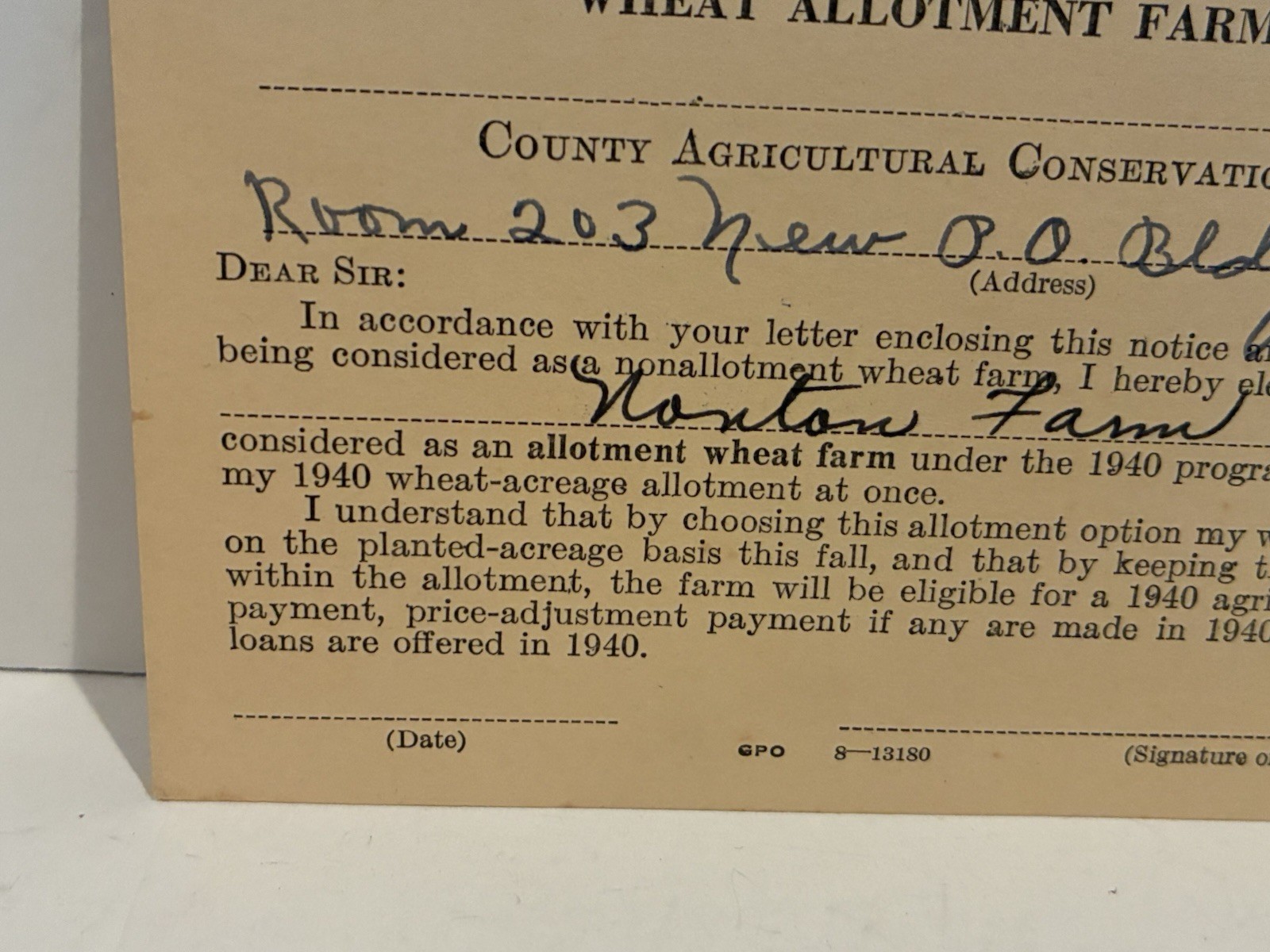 Vintage 1940 US Department Of Agriculture WHEAT ALLOTMENT FARM REQUEST Form