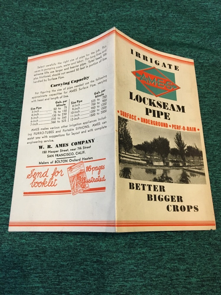 Vintage Ames Irrigate Lockseam Pipe Brochure and Price List 1930&rsquo;s-1940&rsquo;s