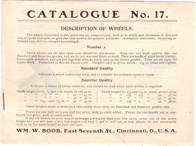 1890&rsquo;s Wm. W. Boob, Mfg of Wheels, Gears, Buggies/Flyers, Add Sheets, Catalog 17