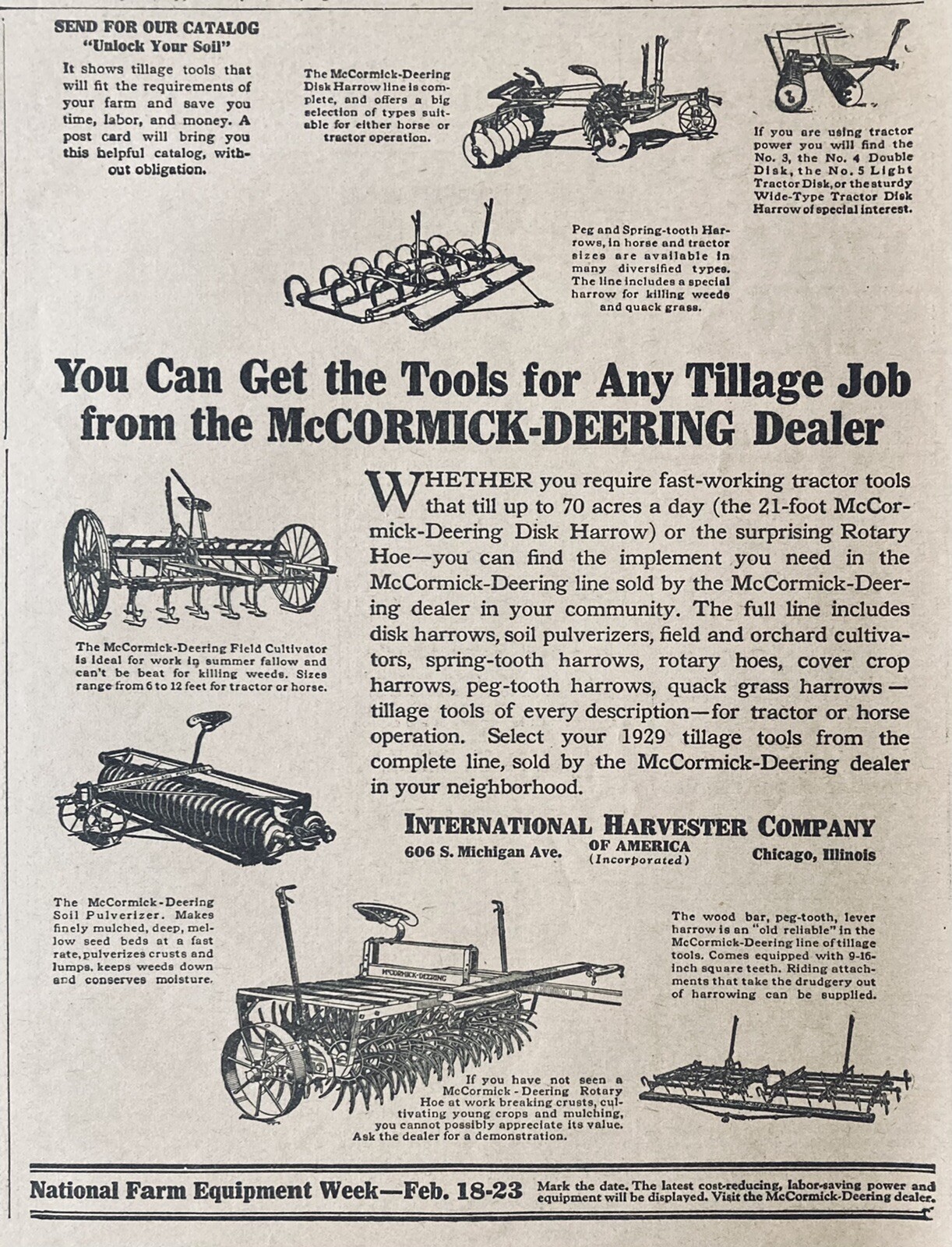 1928 AD.(XH40)~INTERNATIONAL HARVESTER CO. MCCORMICK-DEERING CULTIVATORS HARROWS