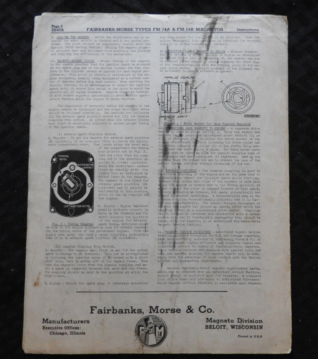 1942 Fairbanks Morse Model FM-J Magnetos Owners&rsquo; Instruction Manual RARE