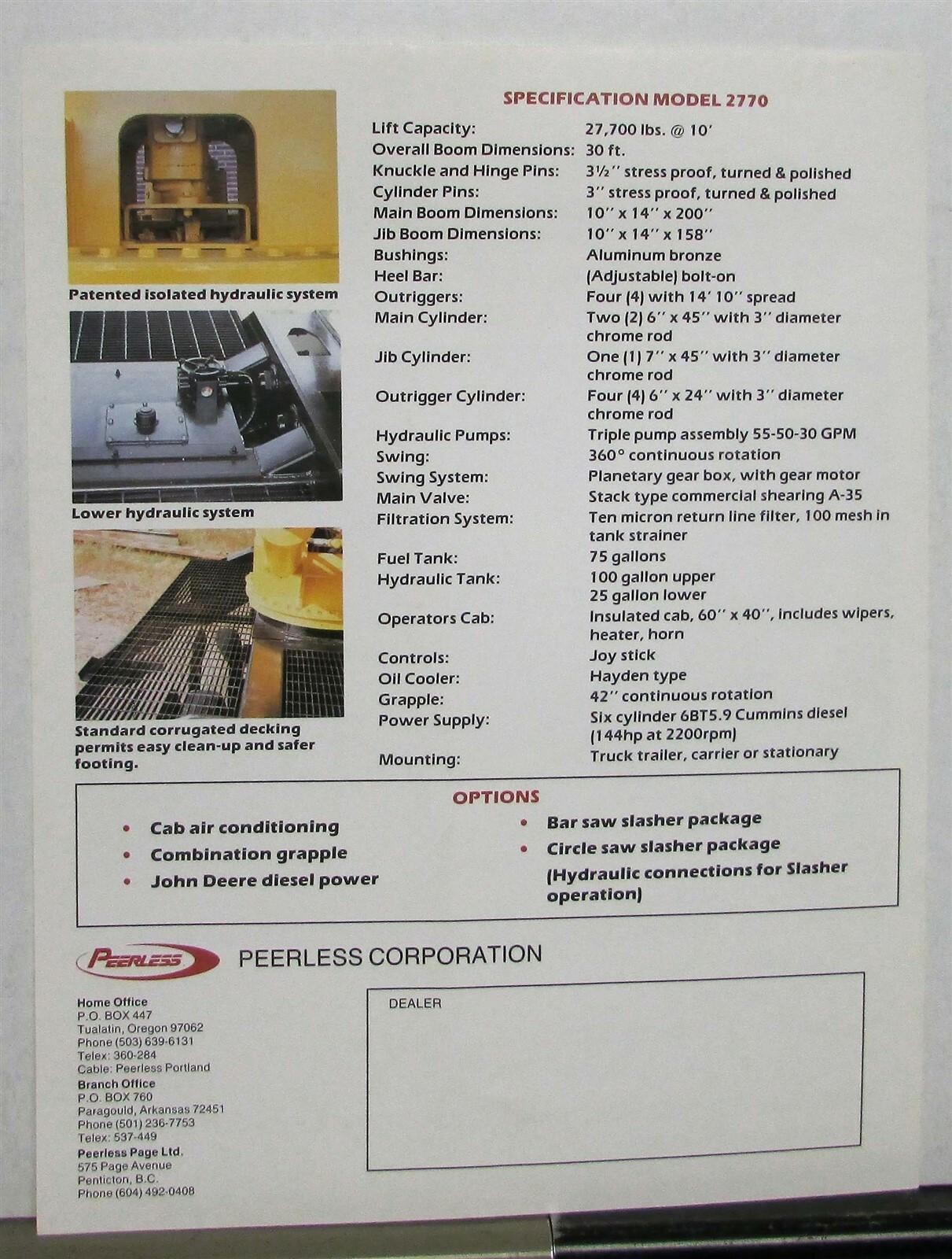 1975-1980 Peerless 2770 Hydraulic Log Loader Construction Sales Sheet