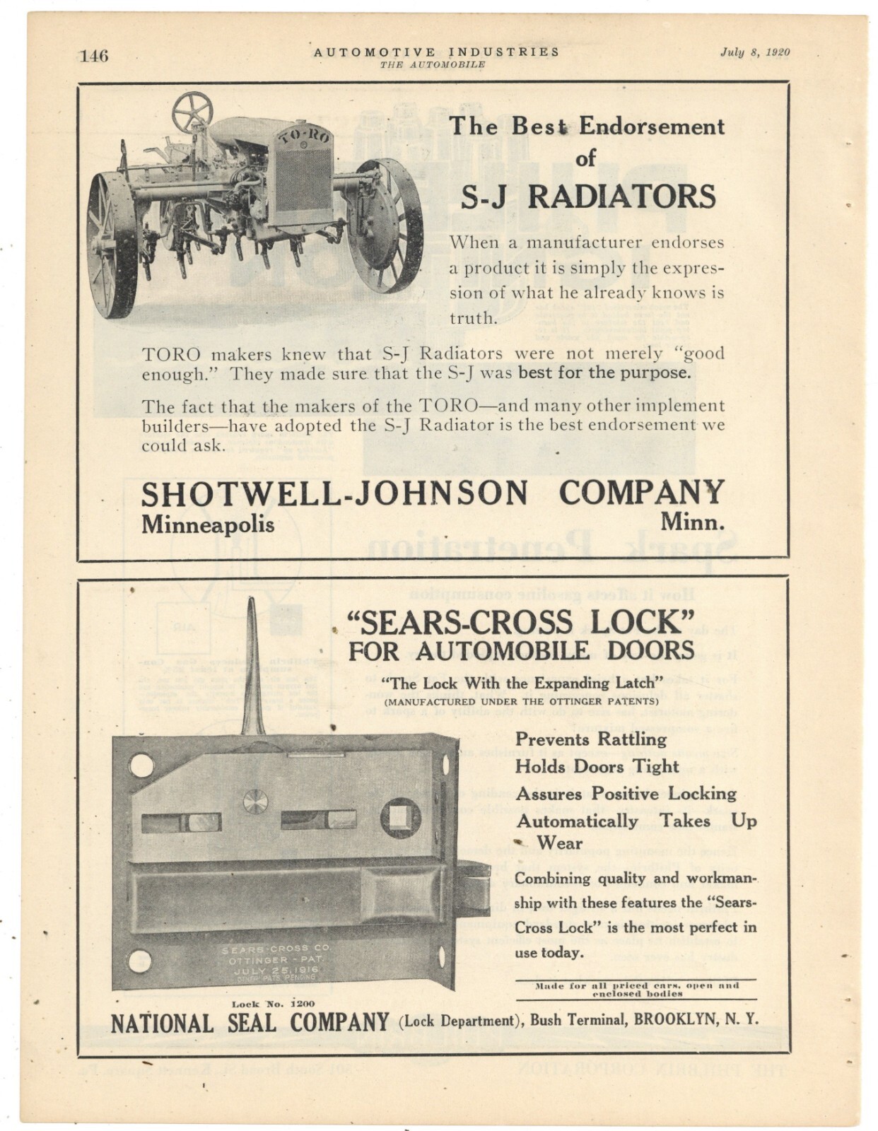 1920 Shotwell Johnson Co. Minneapolis Ad: SJ Radiators – Toro Tractor Pictured