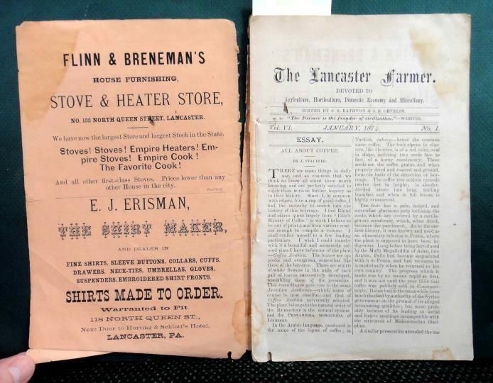 1874 antique LANCASTER FARMER MAG pa coffee agriculture native sheep ADS