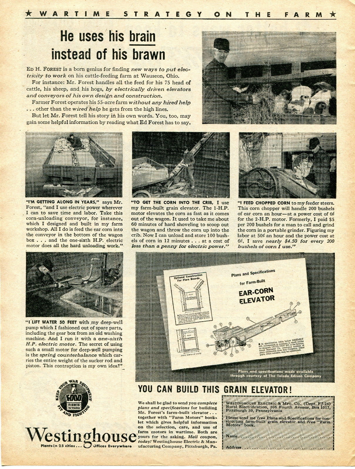 1944 Westinghouse WWII Wartime Strategy Ear Corn Grain Elevator Print Ad