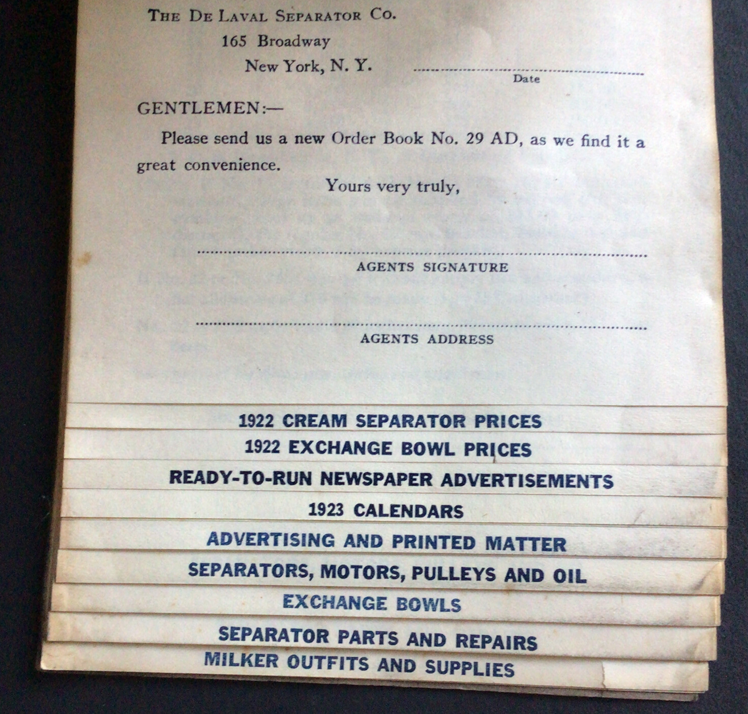 Vtg De Laval Separator co Agents Order Book & Price List
