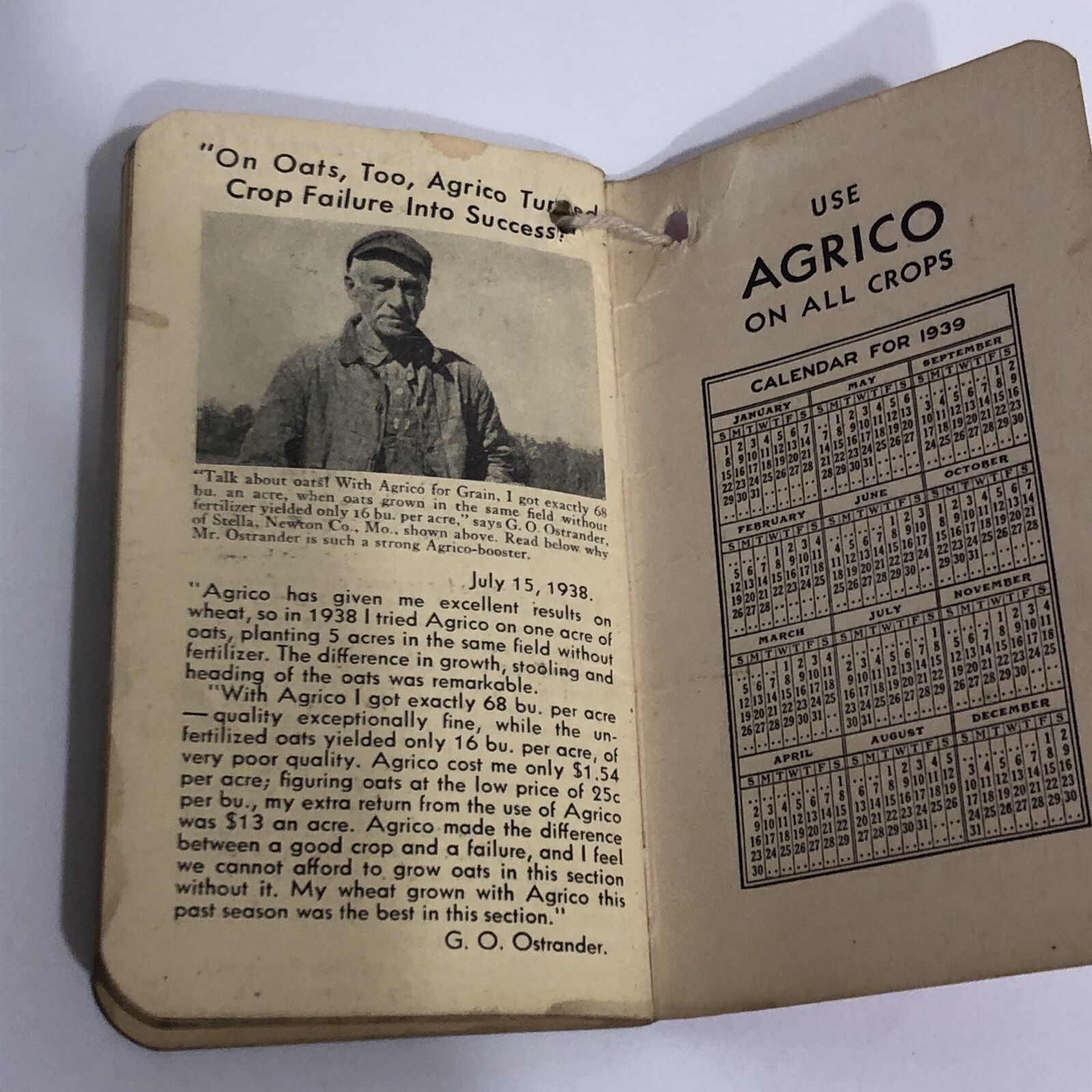 Vintage Agrico 1939 Advertising Fertilizer Memo Notebook Calendar Written Notes