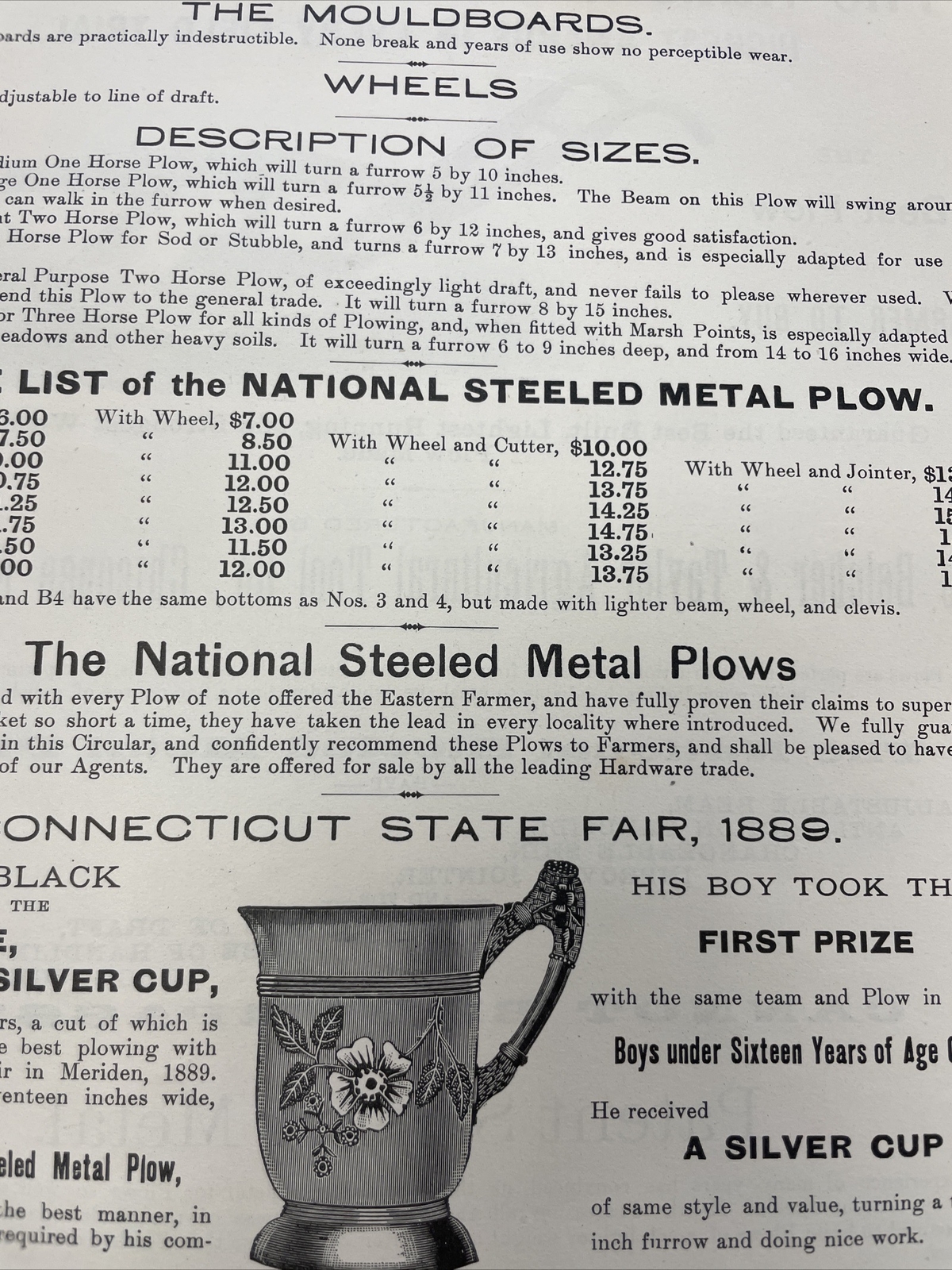 VINTAGE 1889 NATIONAL STEELED METAL PLOW ADVERTISEMENT