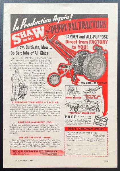 1946 Shaw Du-All & Peppy-Pal Walking or Riding Tractor AD “In Production Again”