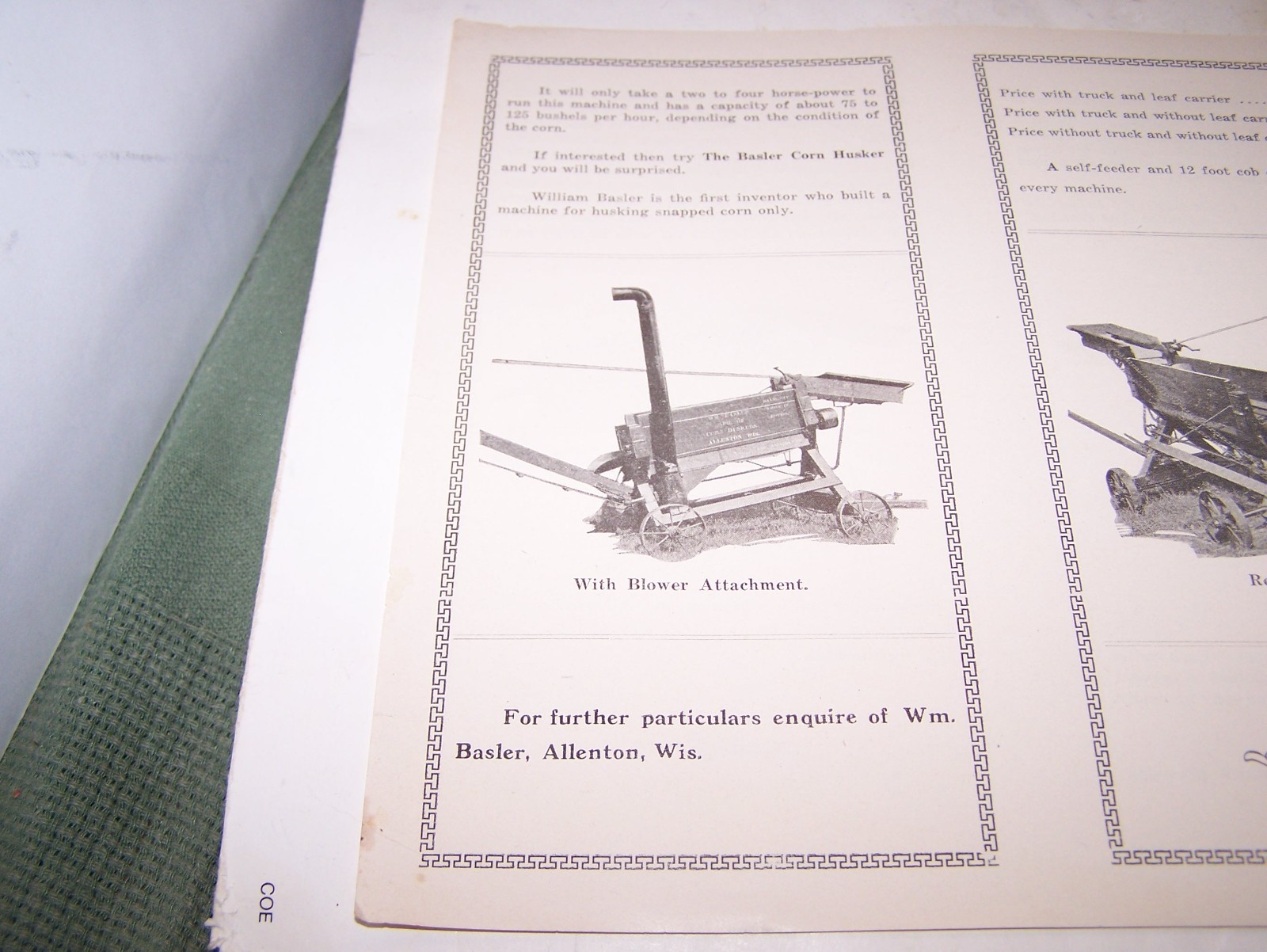 NOS WM BASLER CORN HUSKER Sales Brochure Pamphlet Allenton WI Hit Miss Engine