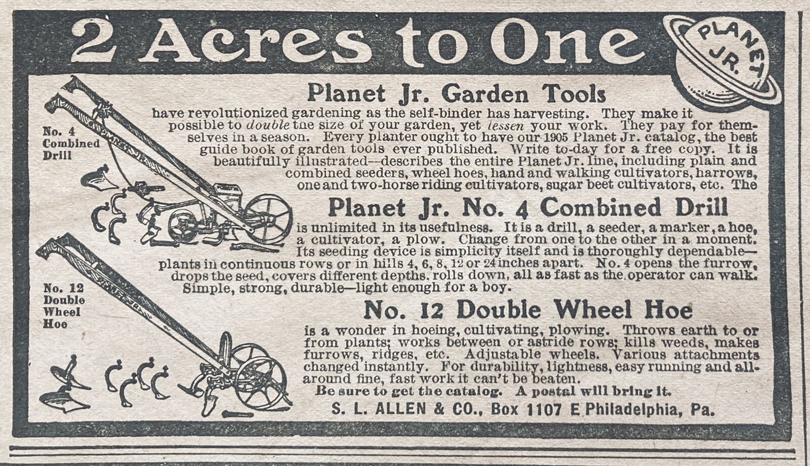 1905 AD.(XH42)~S.L. ALLEN CO. PHIL., PA. PLANET JR. GARDEN TOOLS