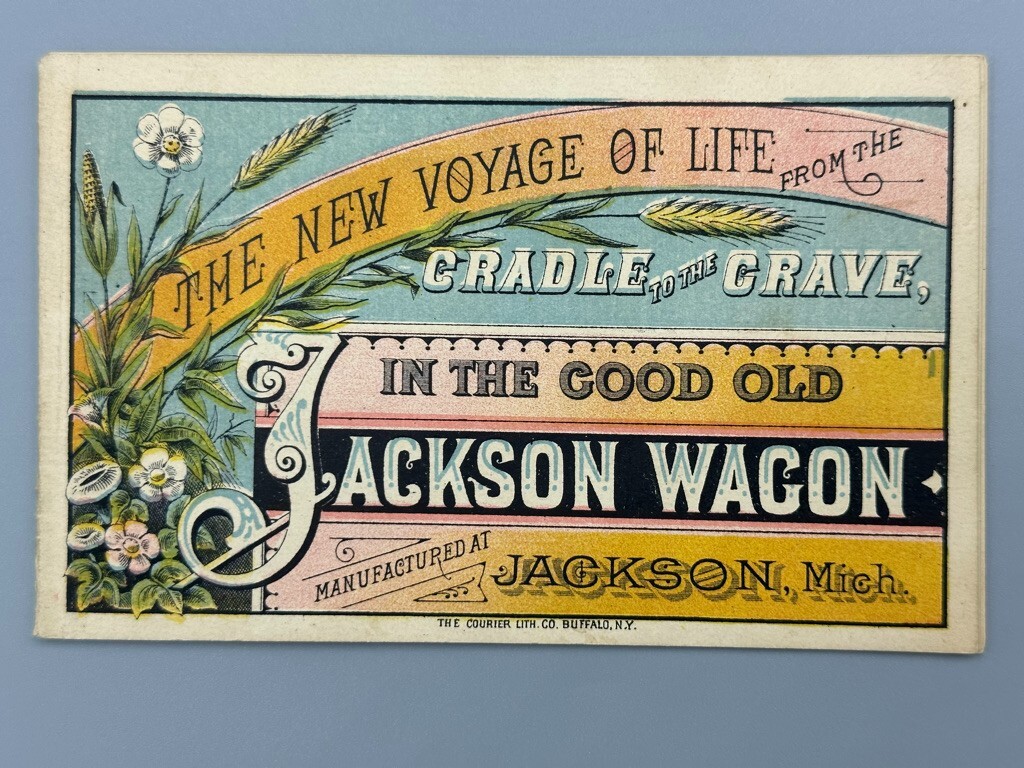 1880s Covered JACKSON WAGON Michigan ANGELS Farm Advertising Trade Card Book