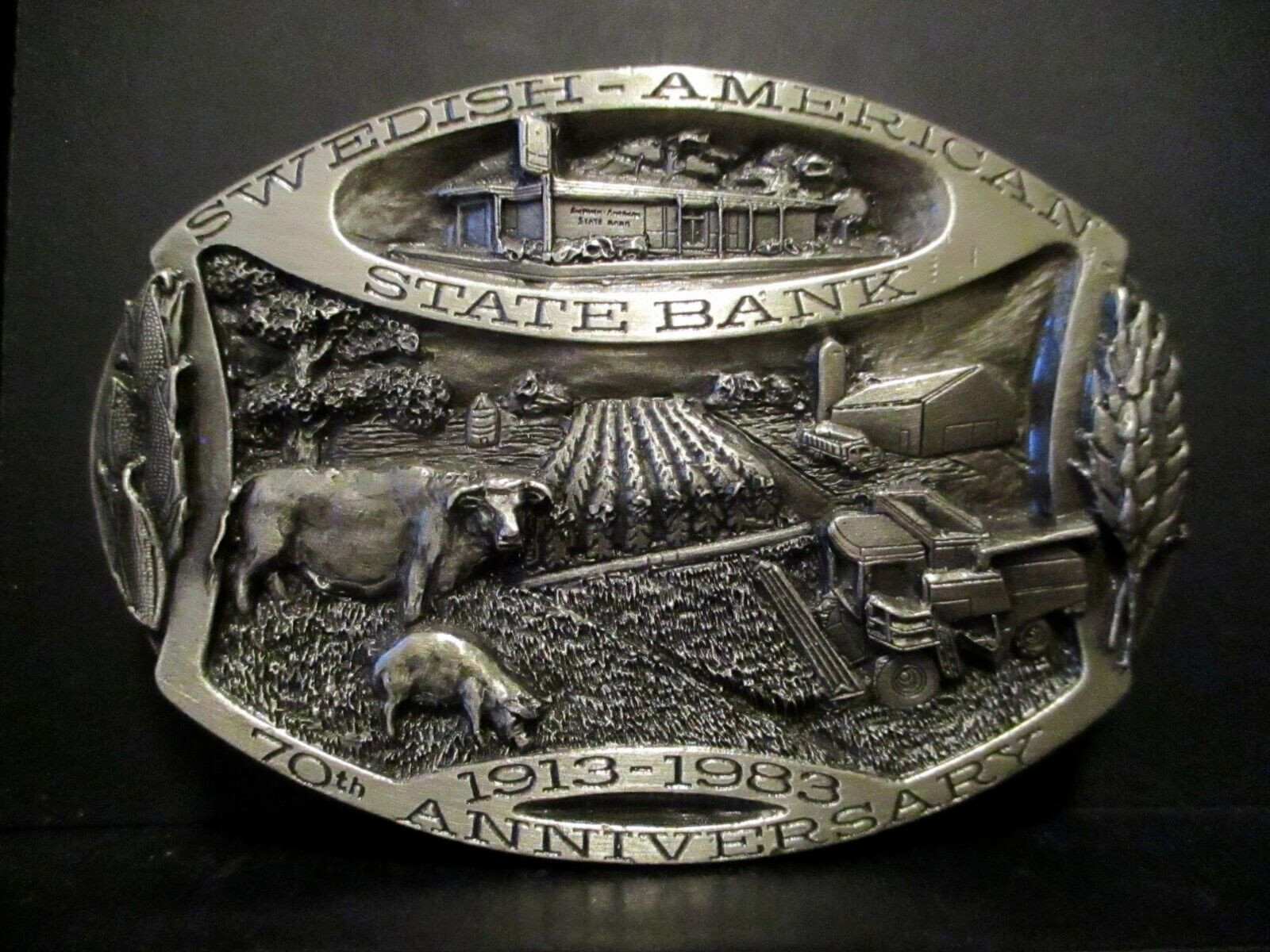 1983 Swedish American State Bank 70th Anniversary Belt Buckle Farm Combine Cow