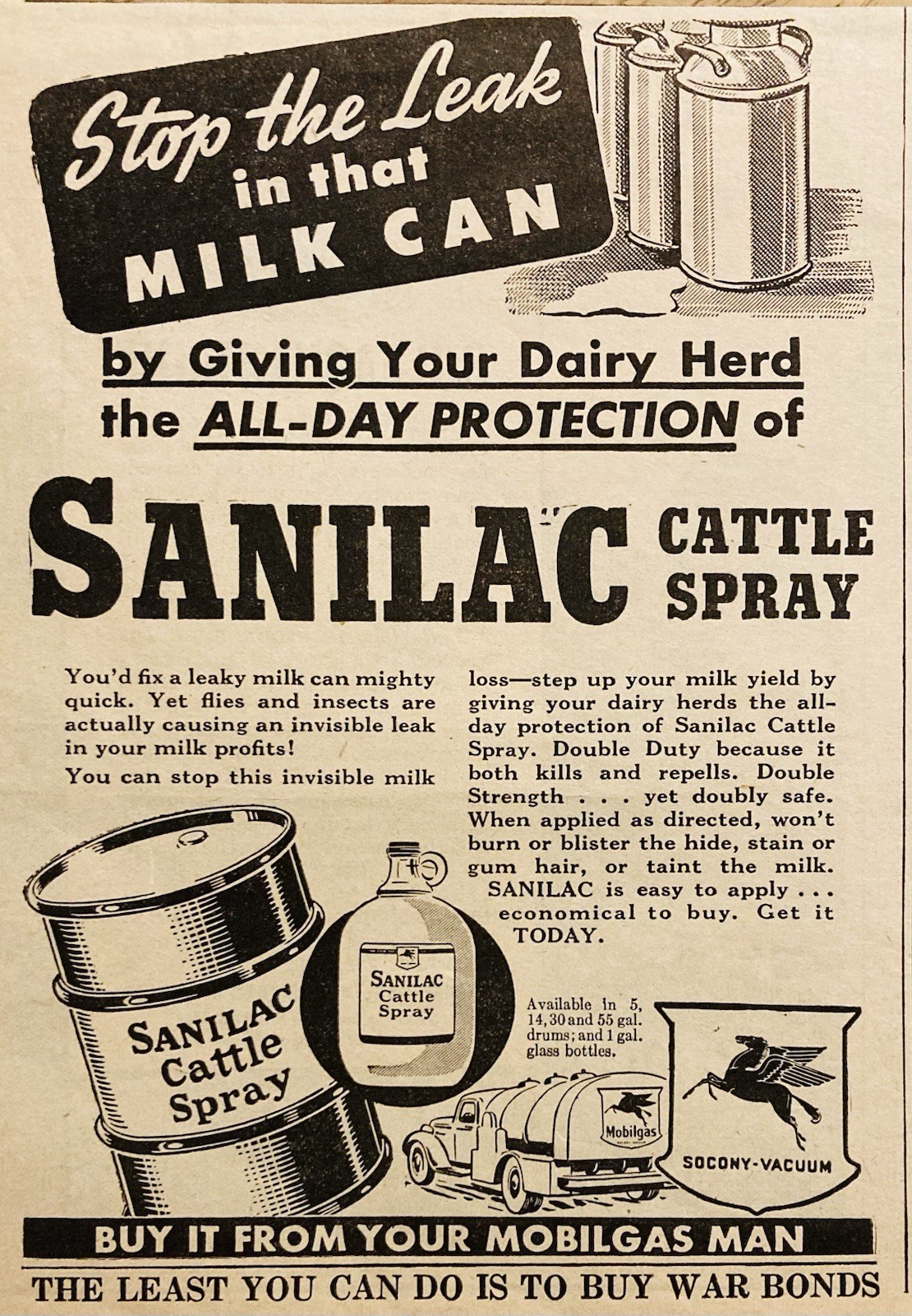 1946 AD.(PC9)~SOCONY-VACUUM CO. SANILAC DAIRY HERD CATTLE SPRAY