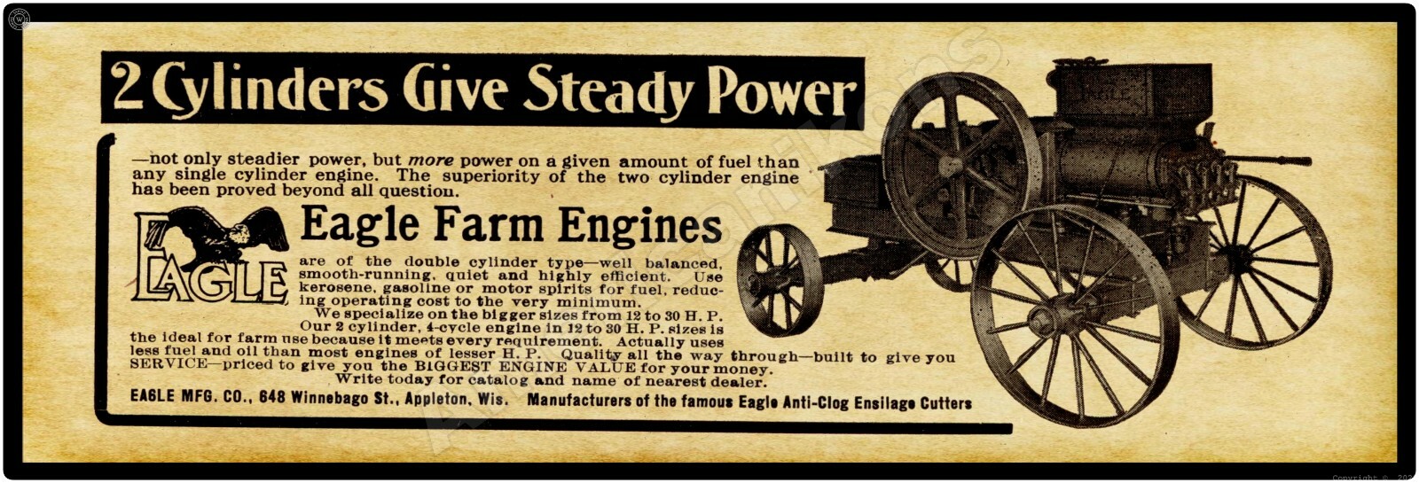1915 Eagle Farm Gas Engines New Metal Sign: 6 x 18&Prime; Appleton, Wisconsin