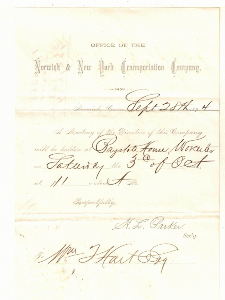 1874 Letter: Norwich & New York Transportation Company – Notice of Meeting