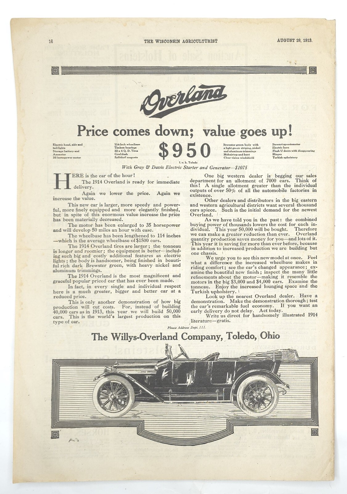 1913 The Wisconsin Agriculturist Farm News Newspaper Livestock Overland Motors