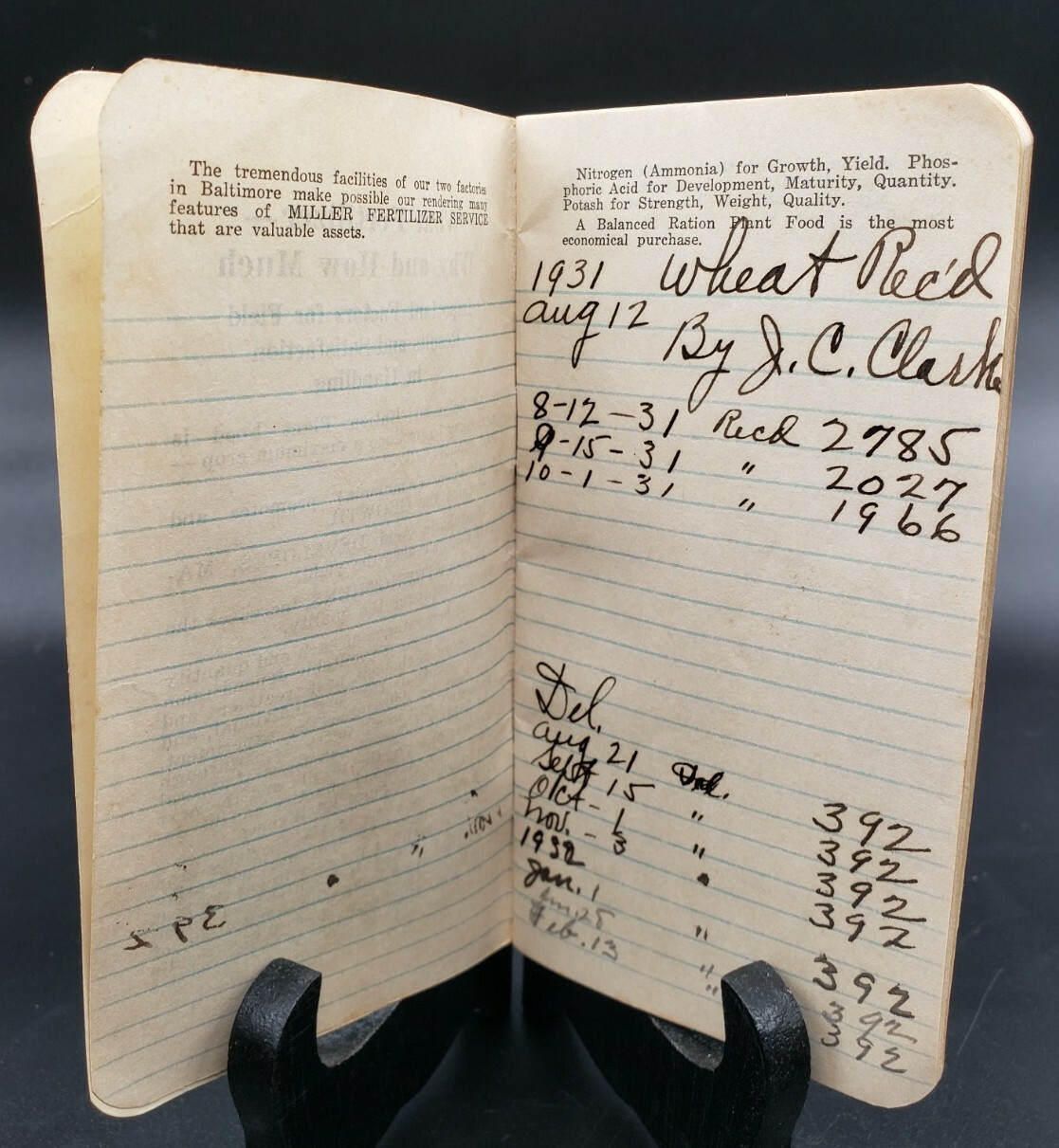 1931 MILLER FERTILIZER BOOKLET NOTEBOOK WITH CALENDAR