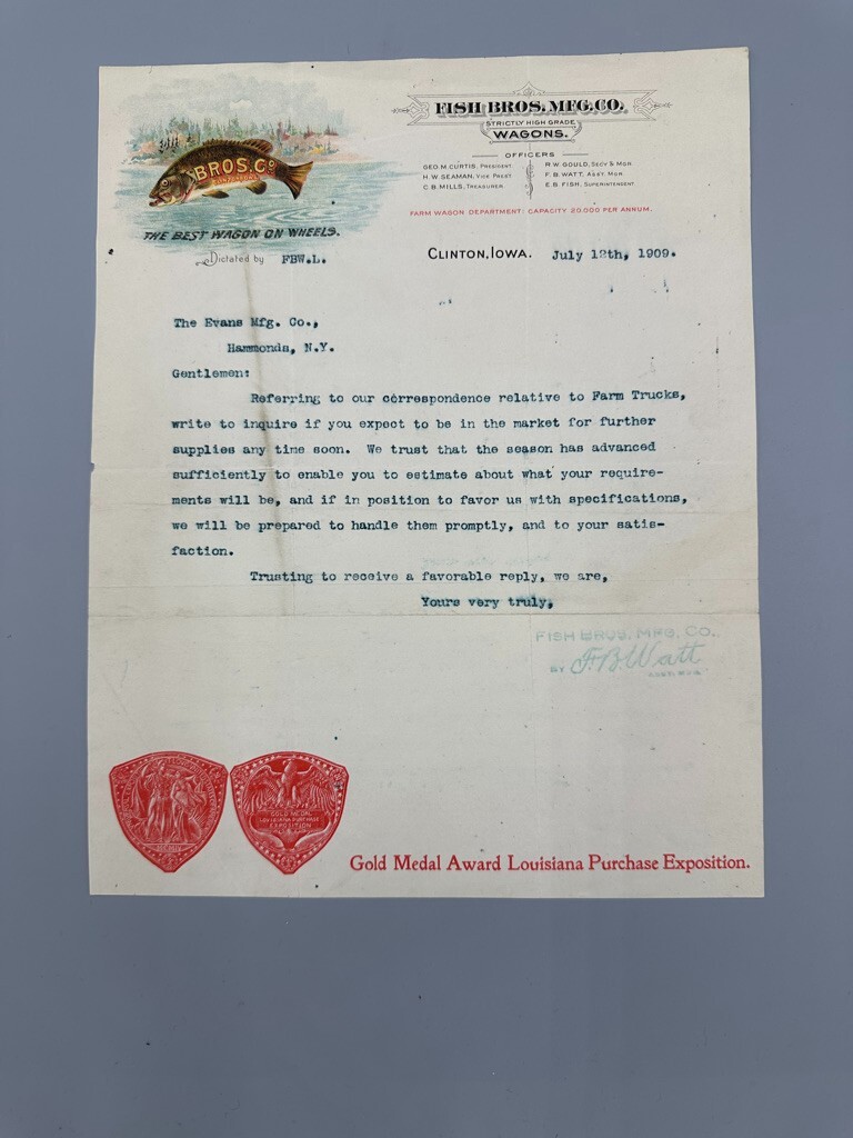 1909 FISH BROS WAGON Farm Advertise CLINTON IOWA Letter LOUISIANA PURCHASE EXPO