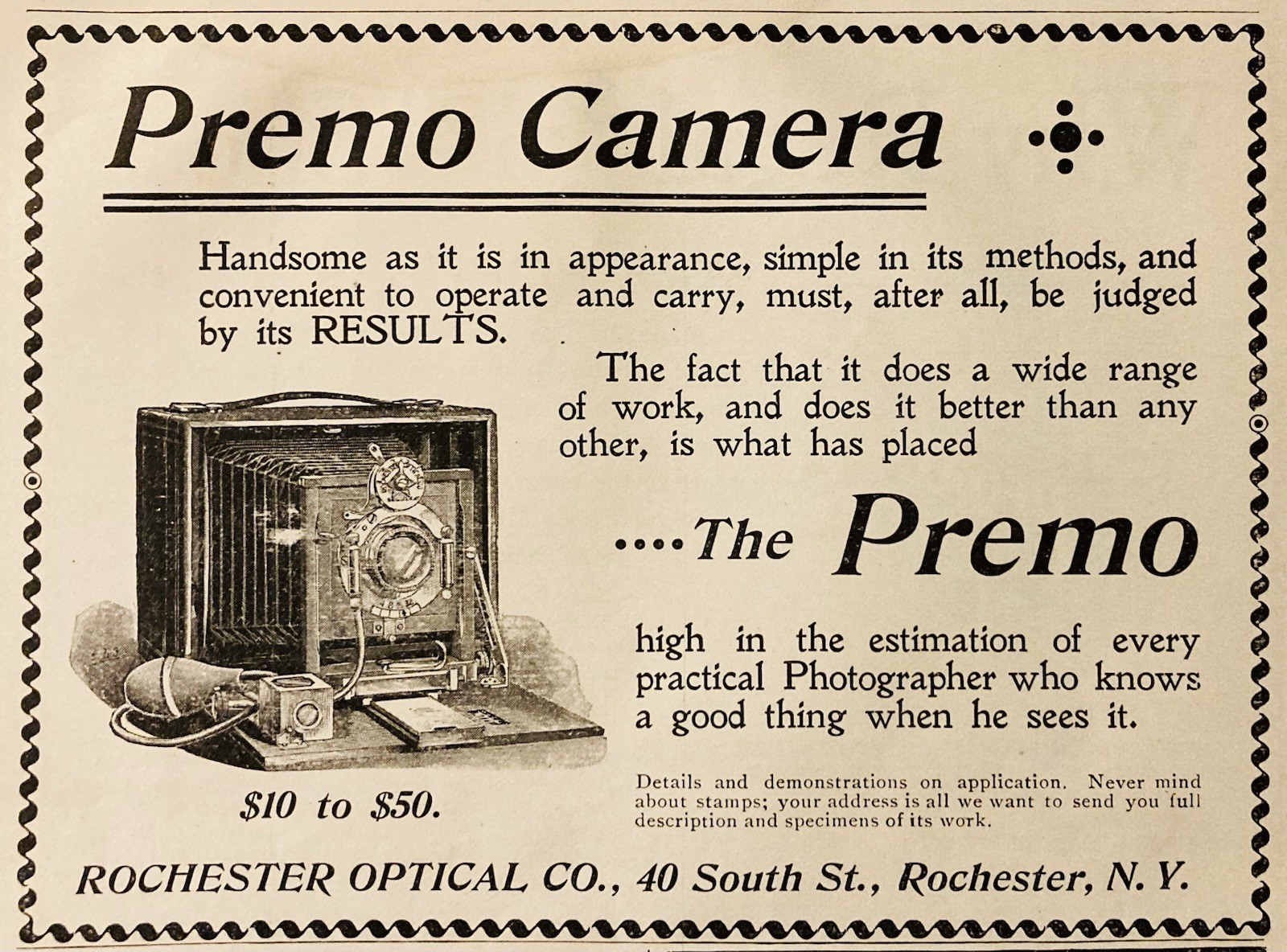 1896 AD.(PC10)~ROCHESTER OPTICAL CO. SOUTH ST. NY. THE PREMO CAMERA