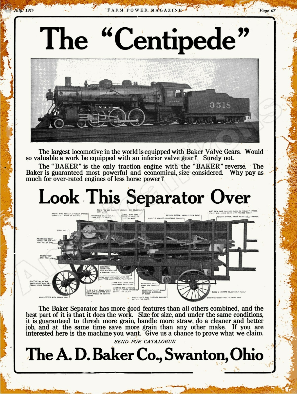 1914 A.D. Baker New Metal Sign: Separator, Centipede LARGE SIZE 12 x 16