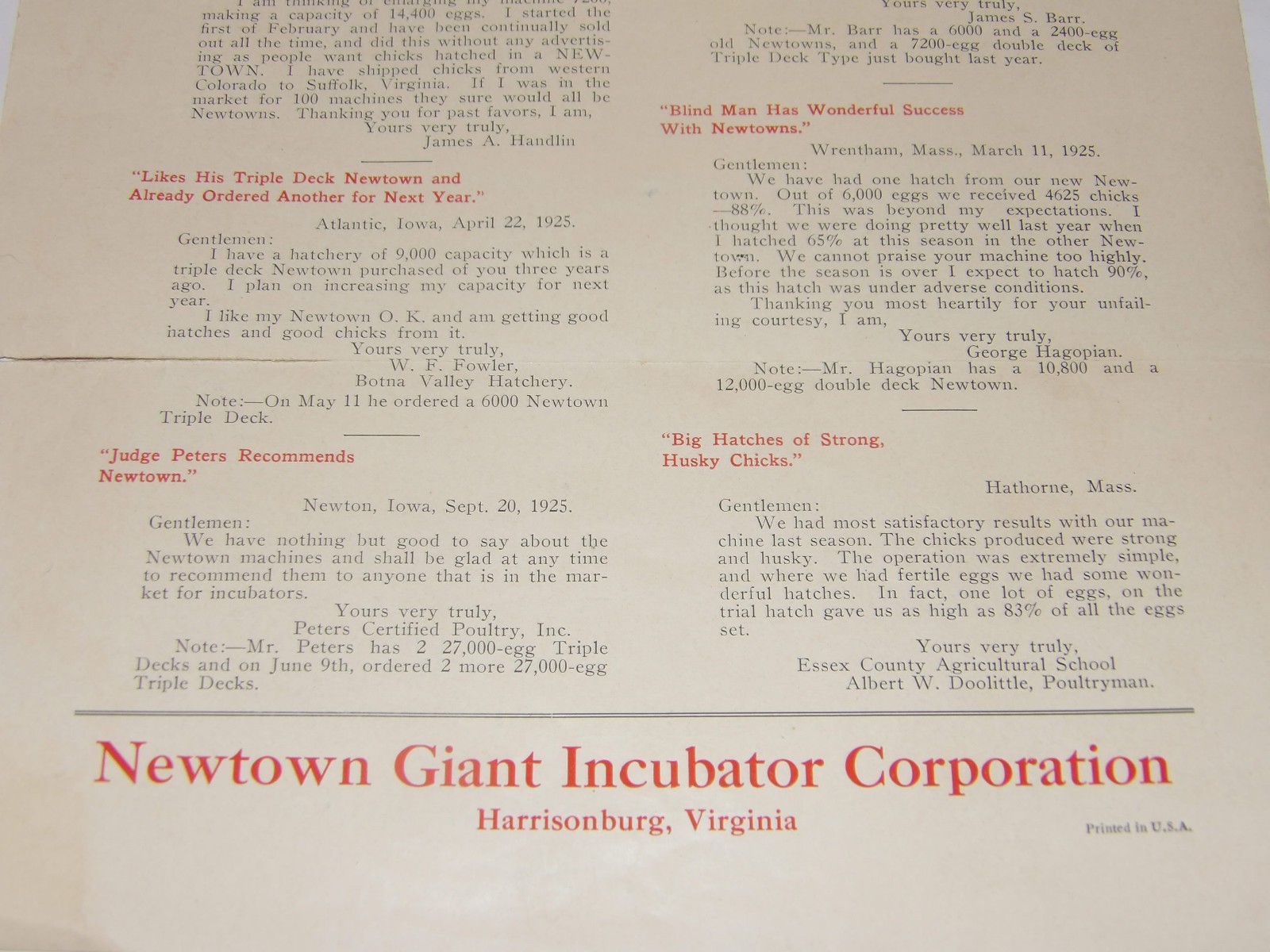 VINTAGE 1925 NEWTOWN OIL LAMP-HEATED INCUBATORS BROCHURES! 4 PCS/HARRISONBURG,VA
