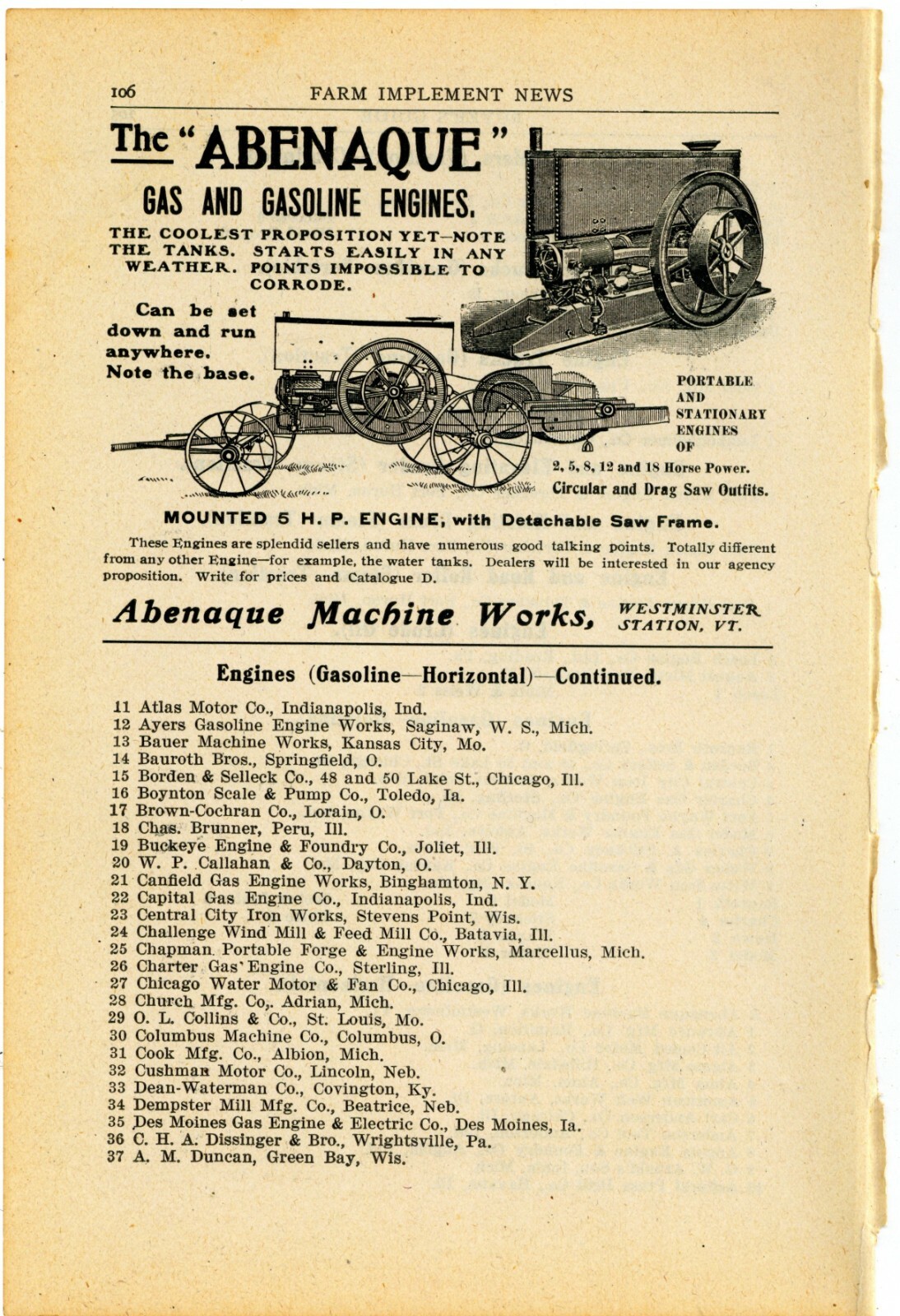 1905 Abenaque Machine Works Ad: Gas Engines – Westminster Station, Vermont