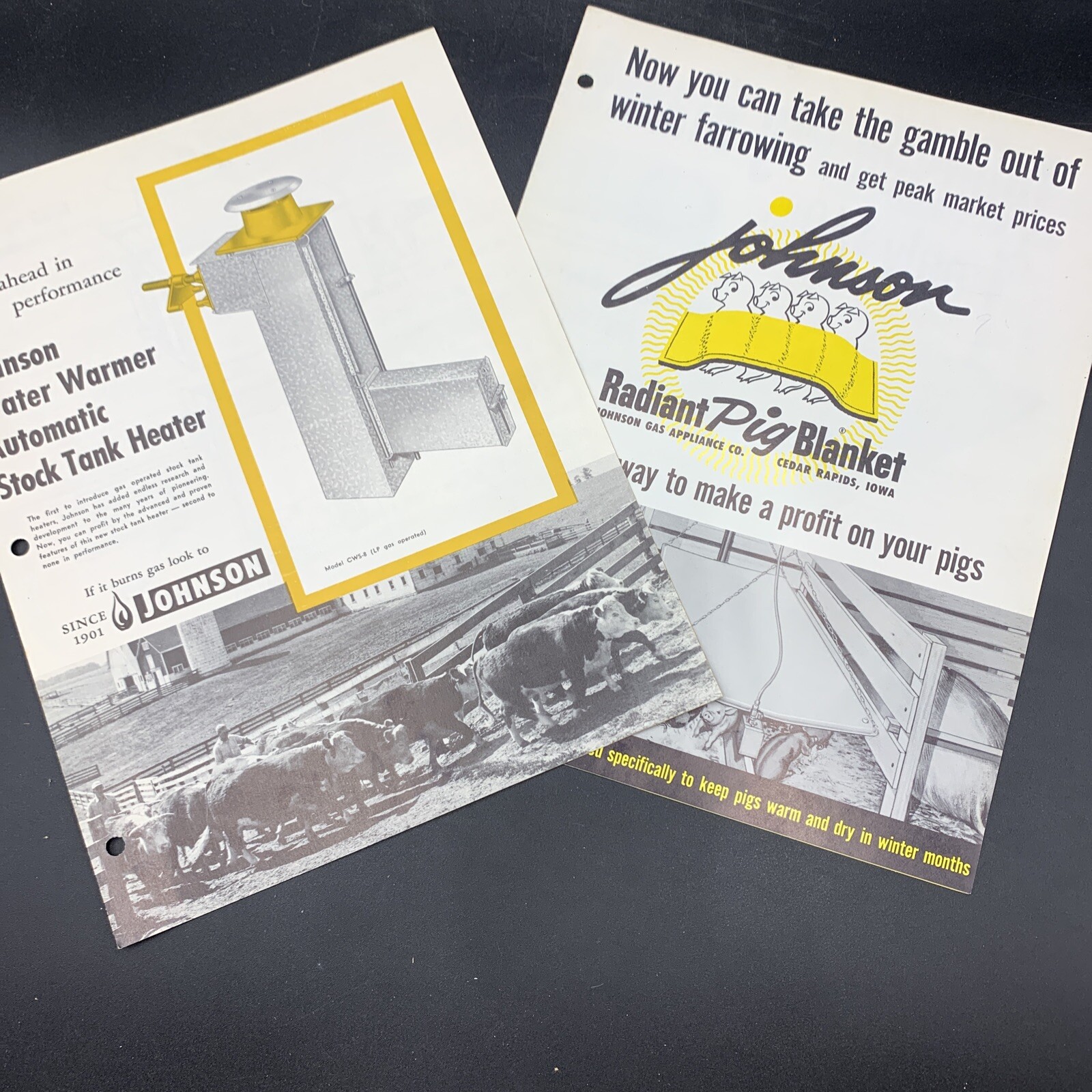 Pair 1961 Johnson Gas Appliance Brochure Pig Blanket & Water Warmer-Cedar Rapids