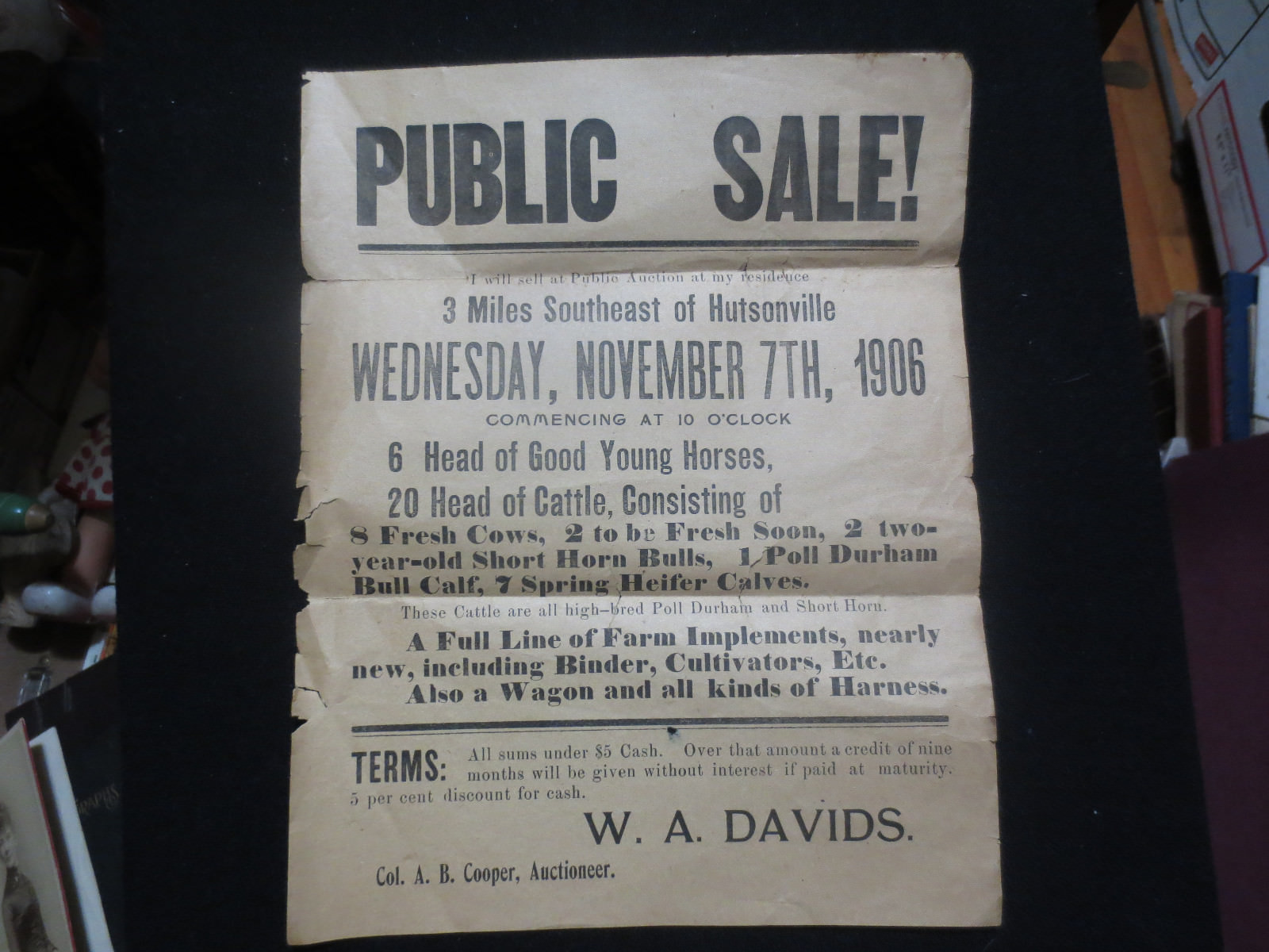 HUTSONVILLE ILLINOIS FARM AUCTION ADVERTISING BROADSIDE 1906 W.A. DAVIS OWNER