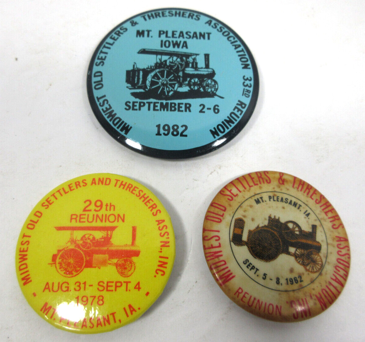 vintage lot 3 Iowa Midwest Old & Threshers badge pin buttons farm steam tractor