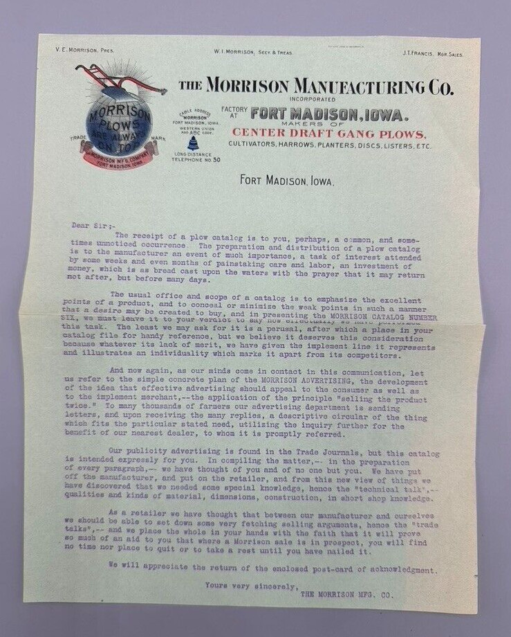 Antique MORRISON PLOWS World Globe FARM Advertising Letter FORT MADISON IOWA