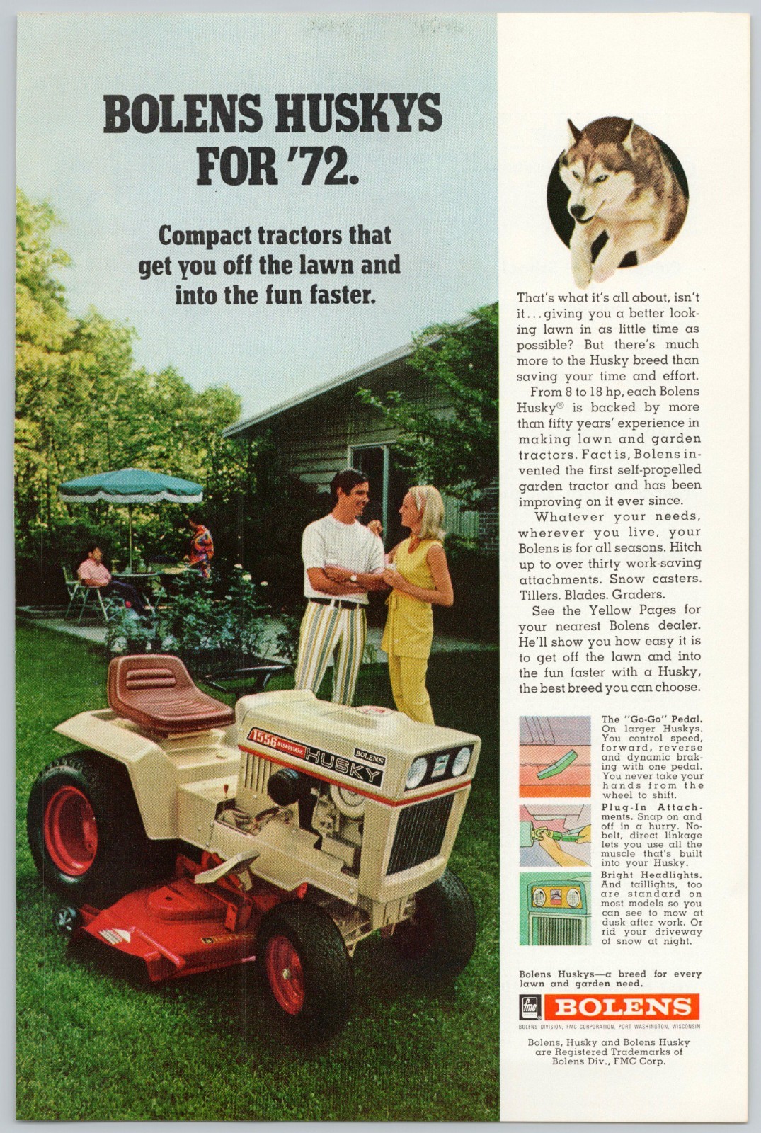 1972 Bolens Husky Lawn Tractor Vintage Print Ad: 70s Retro Lawn Care – Man Cave