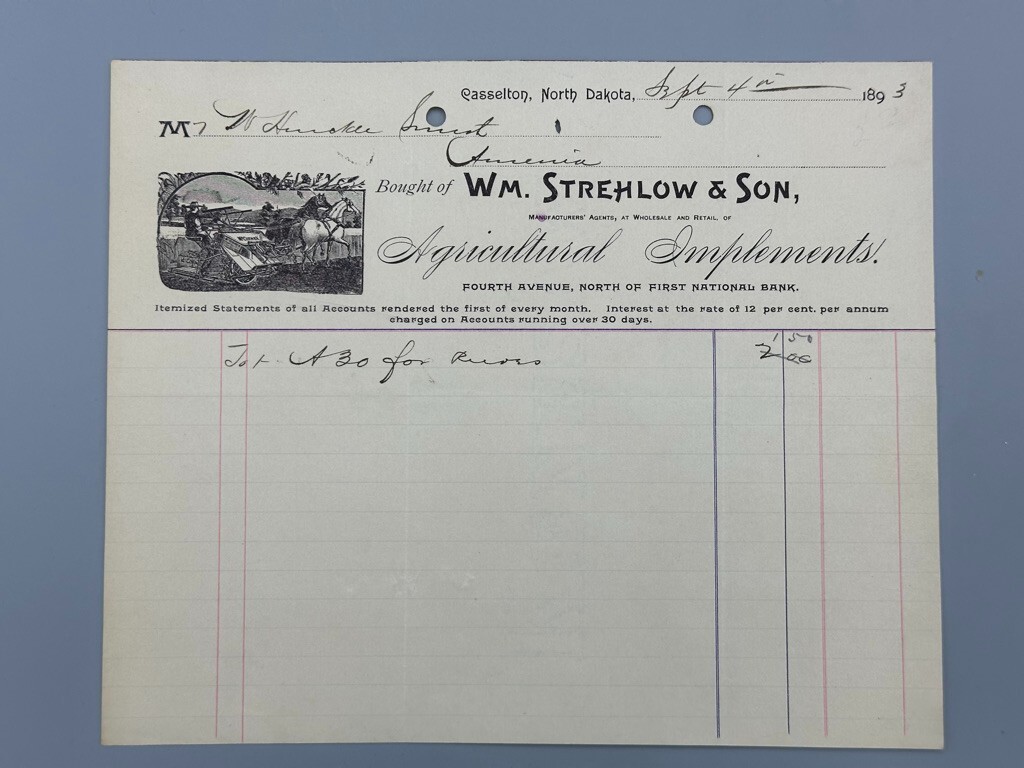 1893 CASSELTON North Dakota McCORMICK HARVESTER Strehlow FARM Advertise Receipt