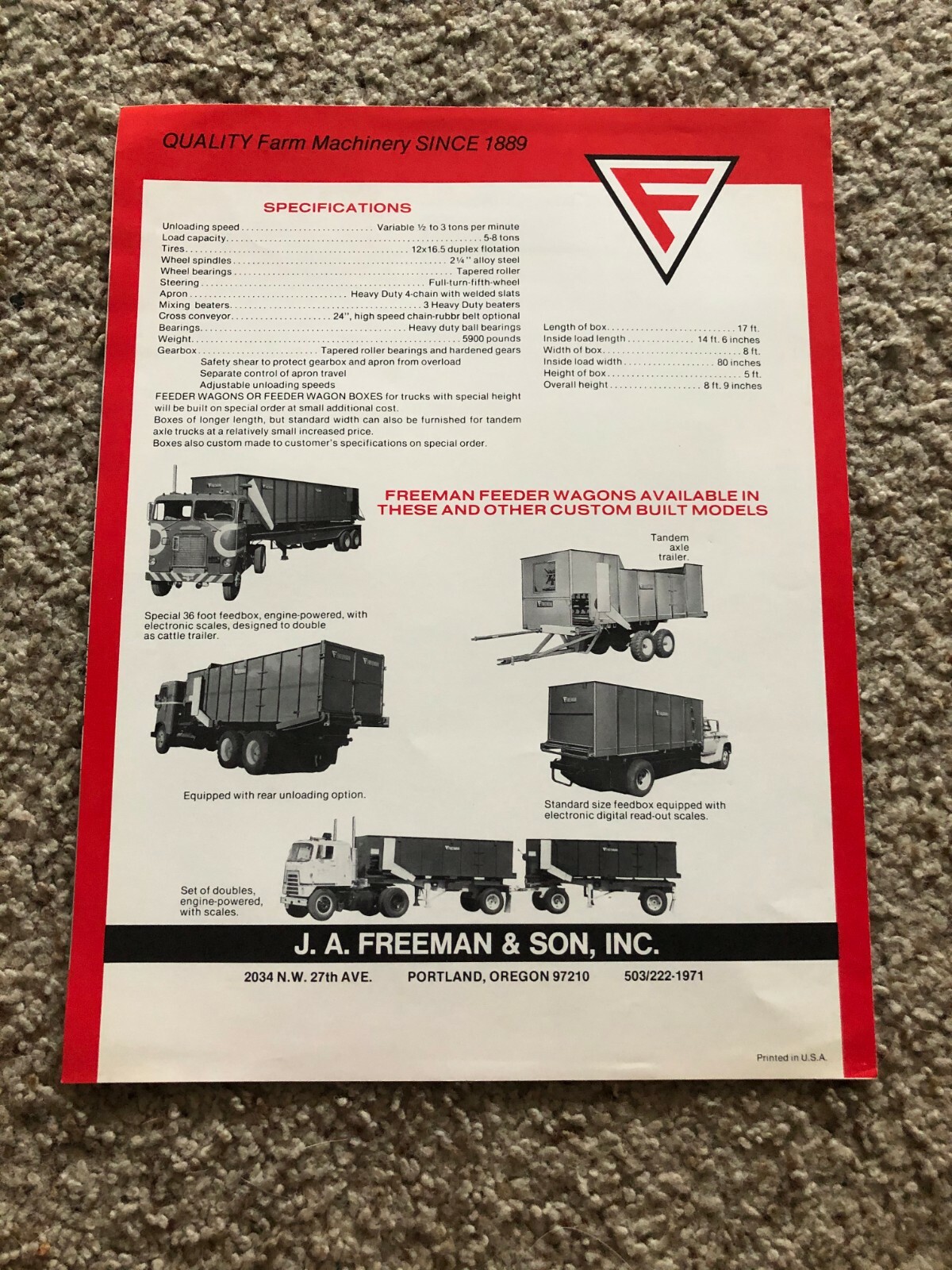 1970s Freeman Feeder Wagon for farm usage, original sales literature.