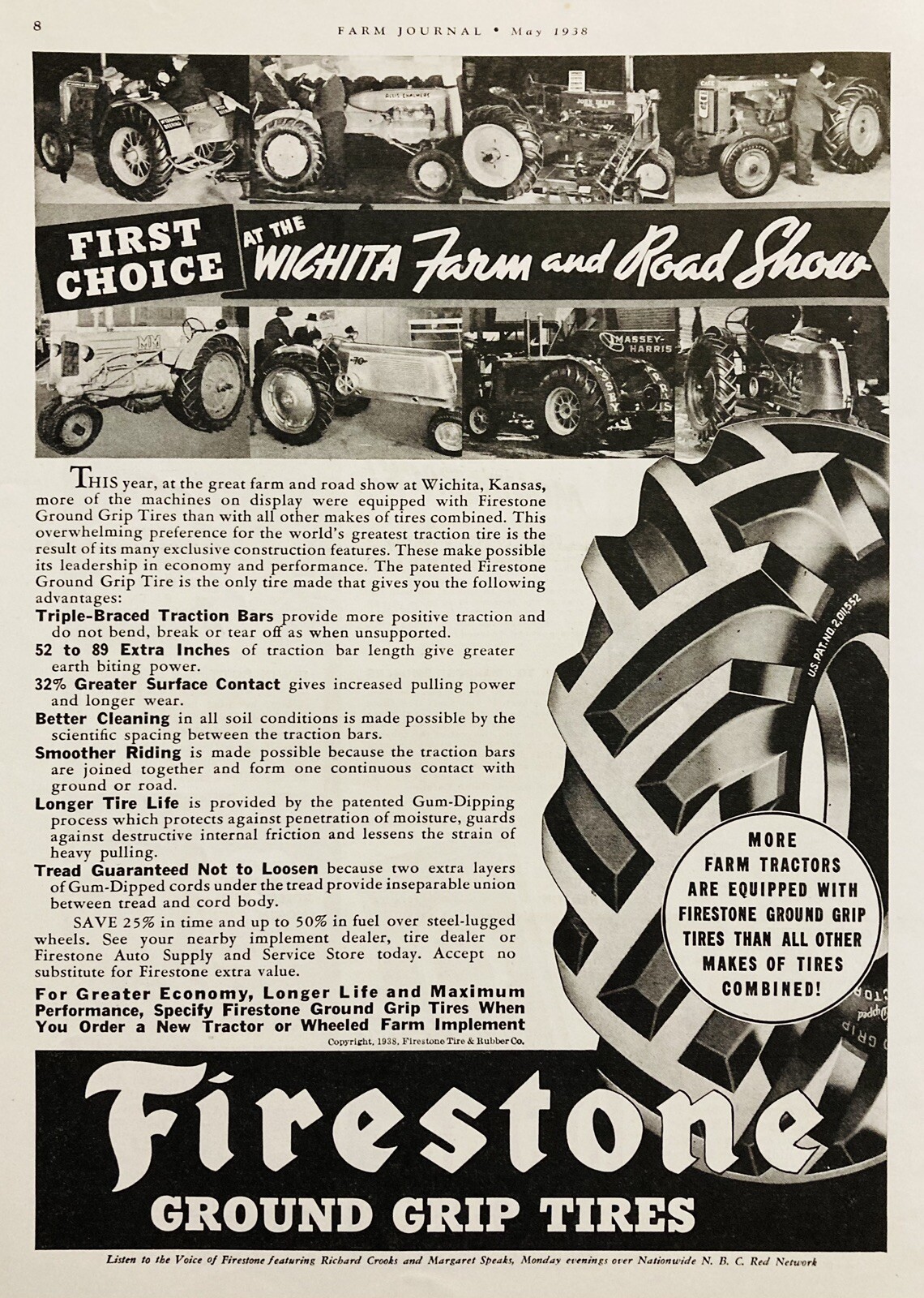 1938 AD.(XH70)~FIRESTONE TIRE & RUBBER CO. GROUND GRIP FARM TIRES
