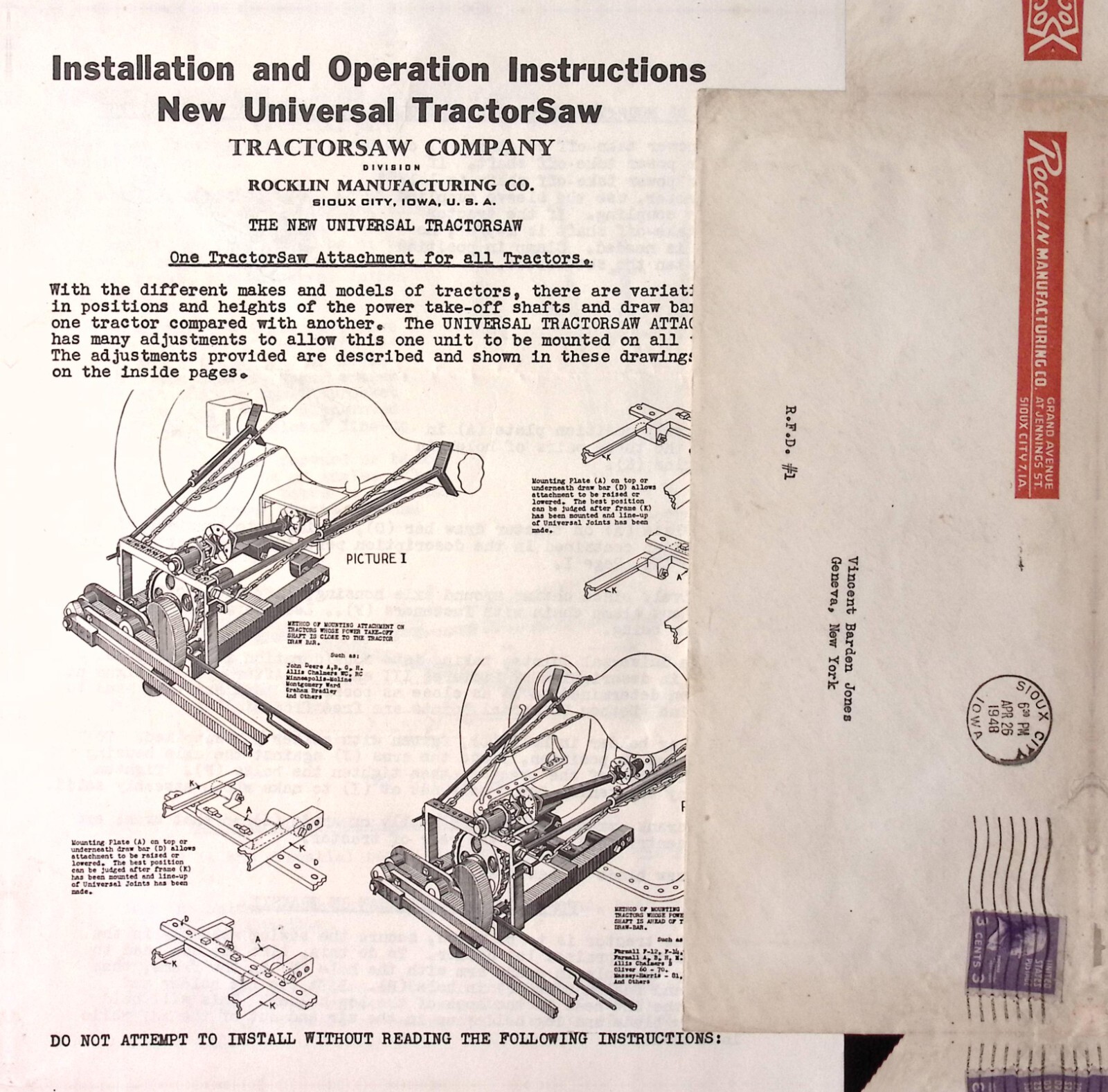 Rocklin Manufacturing Universal Tractor Saw Installation Operation instructions
