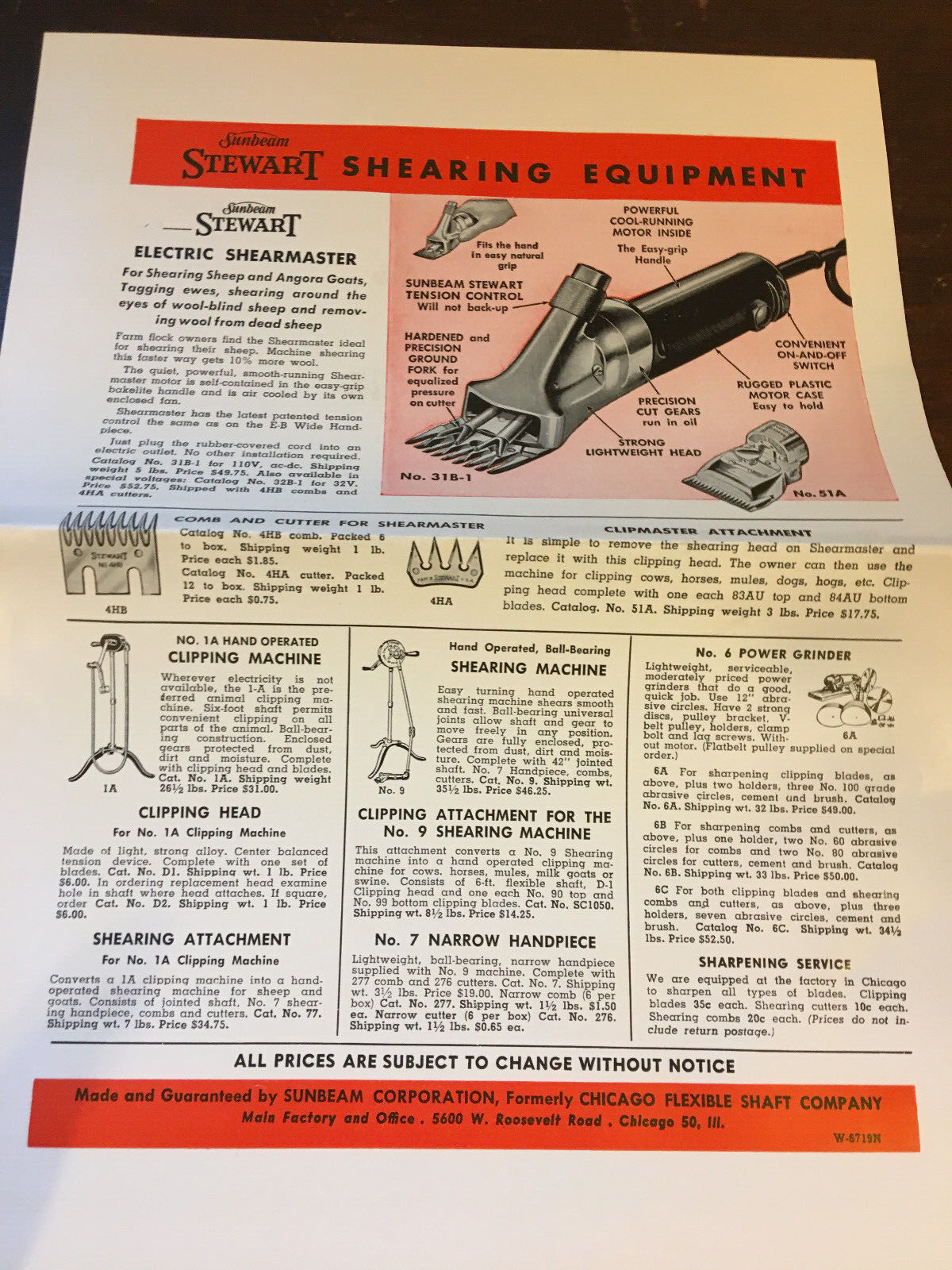 Sunbeam Stewart Shearing Equipment, 1955, Brochure, Letter, Price list