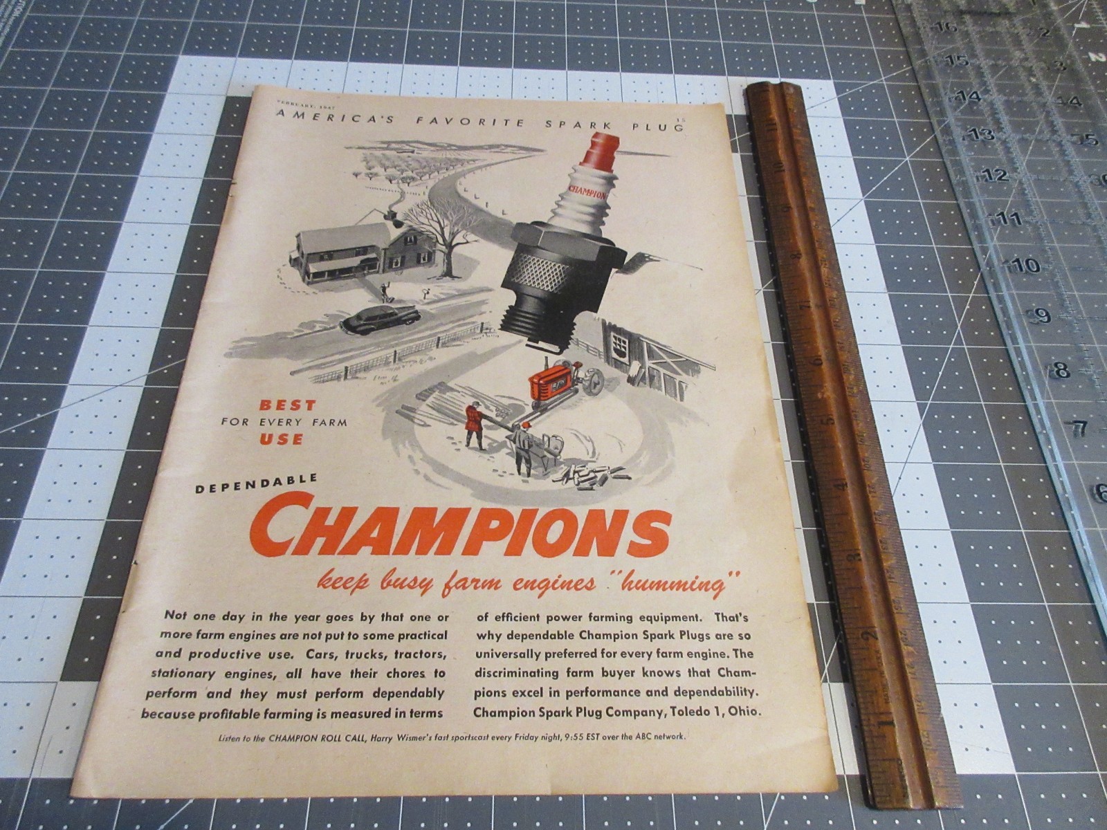 1947 Champion Spark Plugs Keep Farm Engines Humming Vintage Print Ad