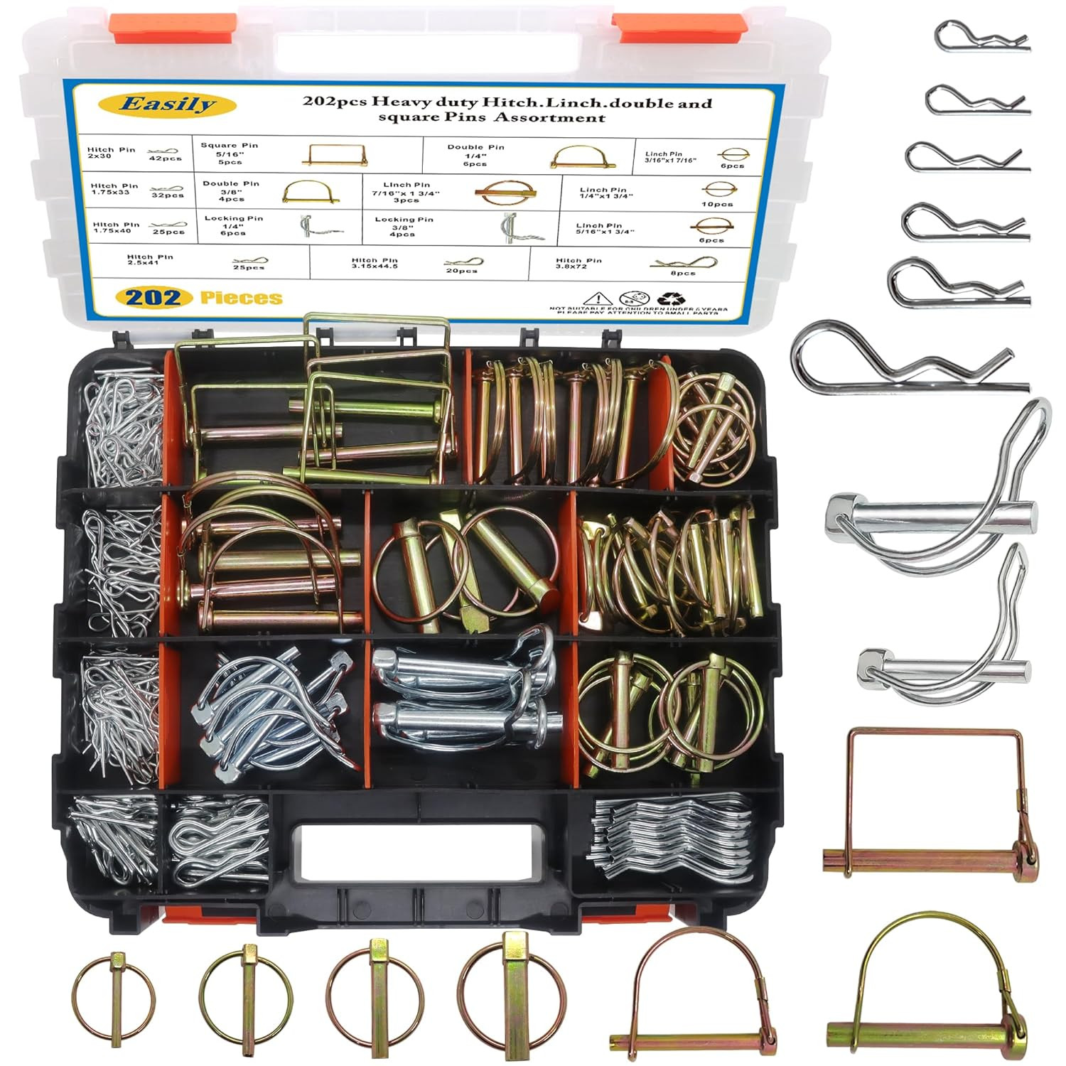 202PCS Hitch Pins Clip Pins, Linch and PTO Pins for Trailers Tractors Trucks Tow