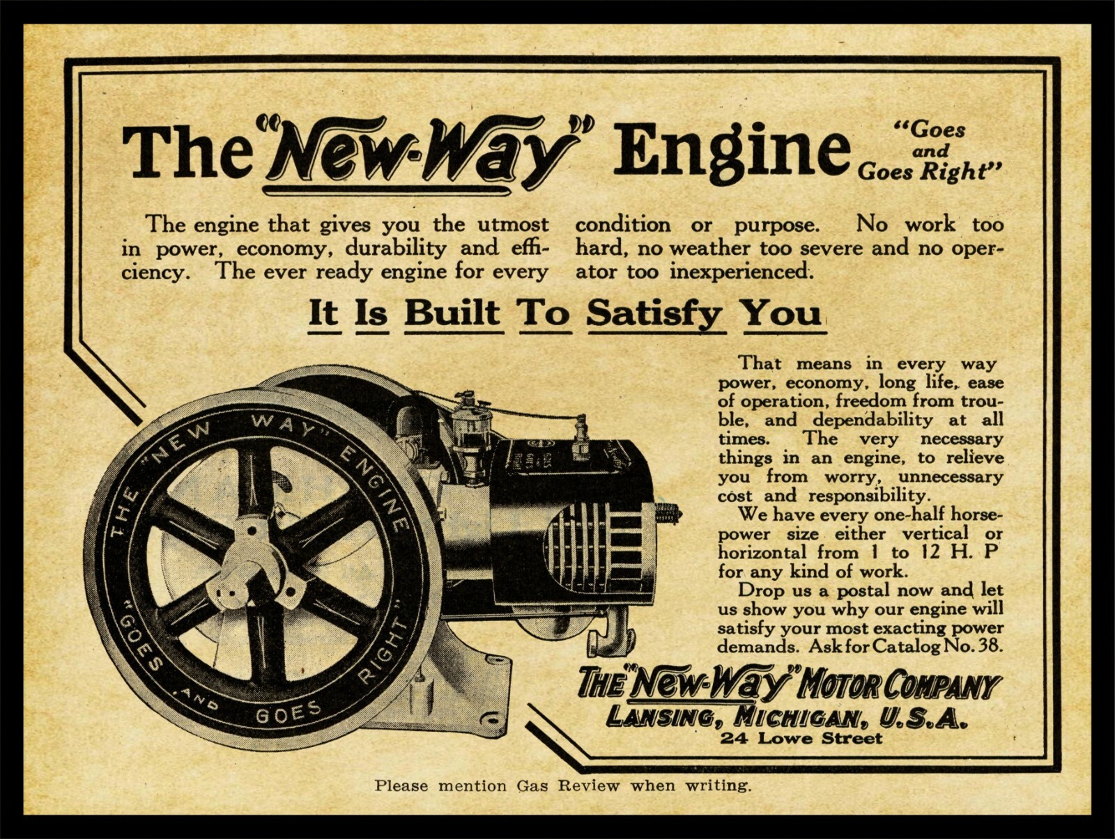 1917 New Way Gas Engines of Lansing, Michigan NEW Metal Sign: 12×16 Large Size