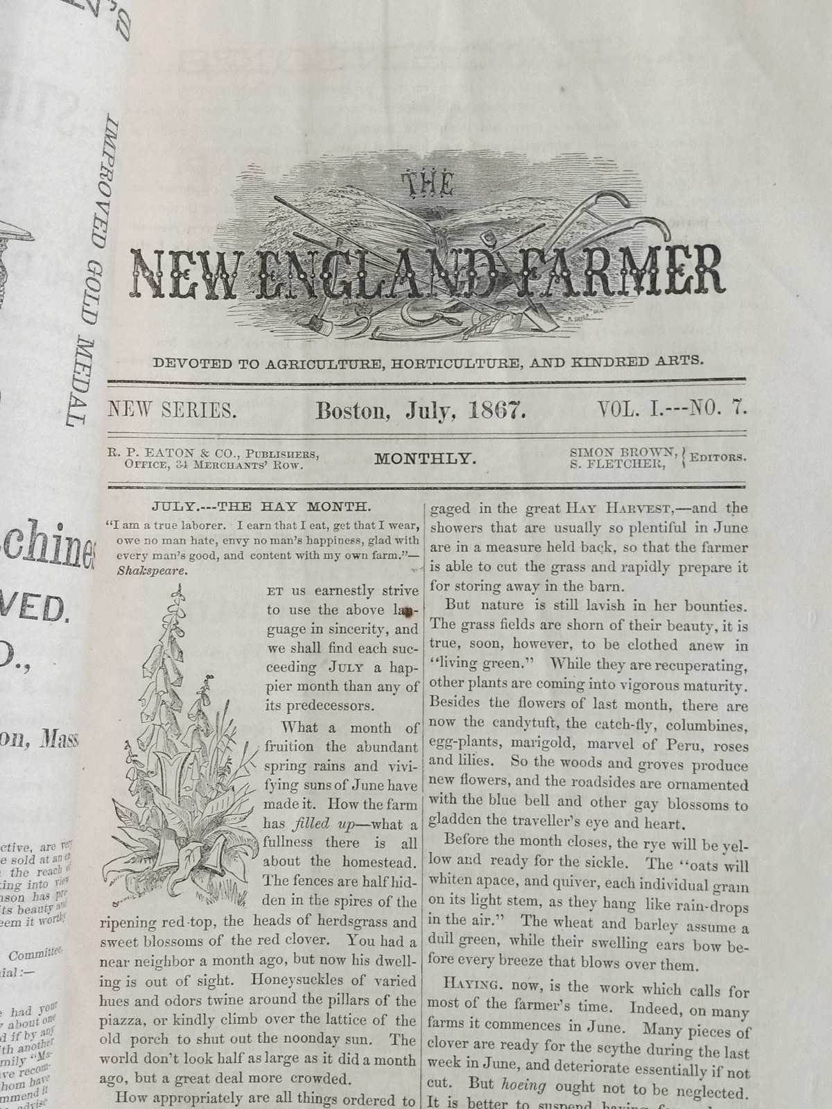 1867 New England Farmer July Monthly Devoted to Agriculture RP Eaton & Co Boston