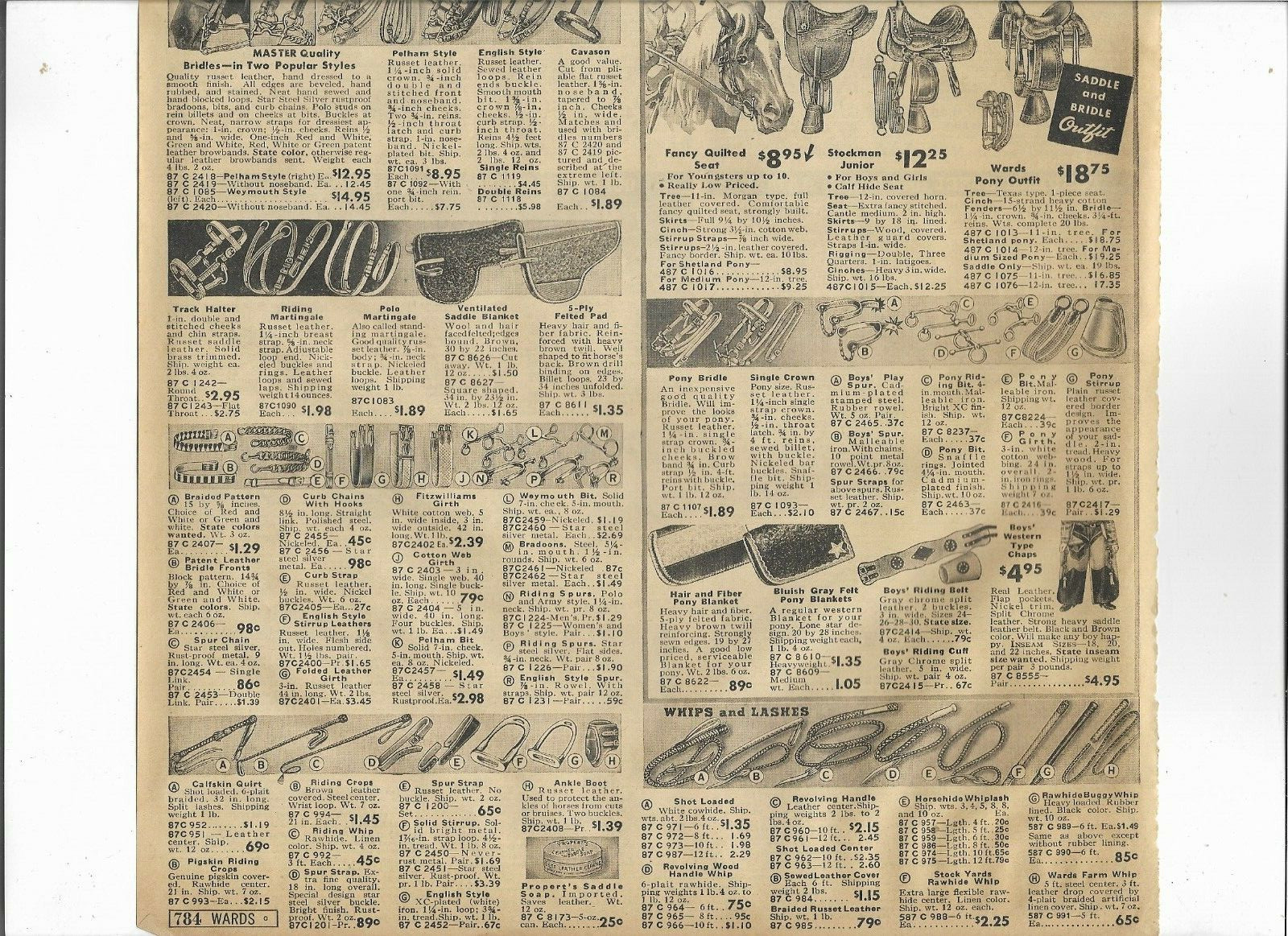 1938 Wards Catalog Ad Pages ENGLISH PARK SADDLE WESTERN BRIDLE PONY HORSE TANK