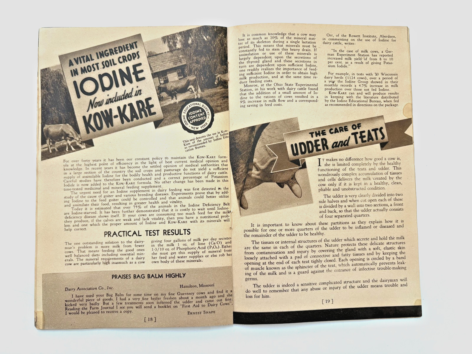 1939-40 Booklet « Home Help for Dairy Cows » w/ Formula « Kow-Kare » *