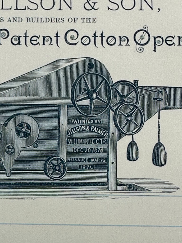 1880s Jillson & Palmer Patent COTTON GIN Opener FARM Advertising WILIMANTIC CT